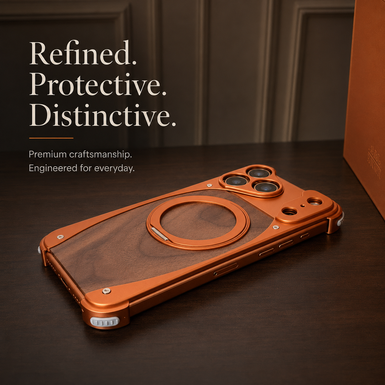 Premium iPhone Case Magnetic Walnut Wood Aluminum Cover Shockproof Built In Stand Camera Protection Slim Durable Full Coverage Design