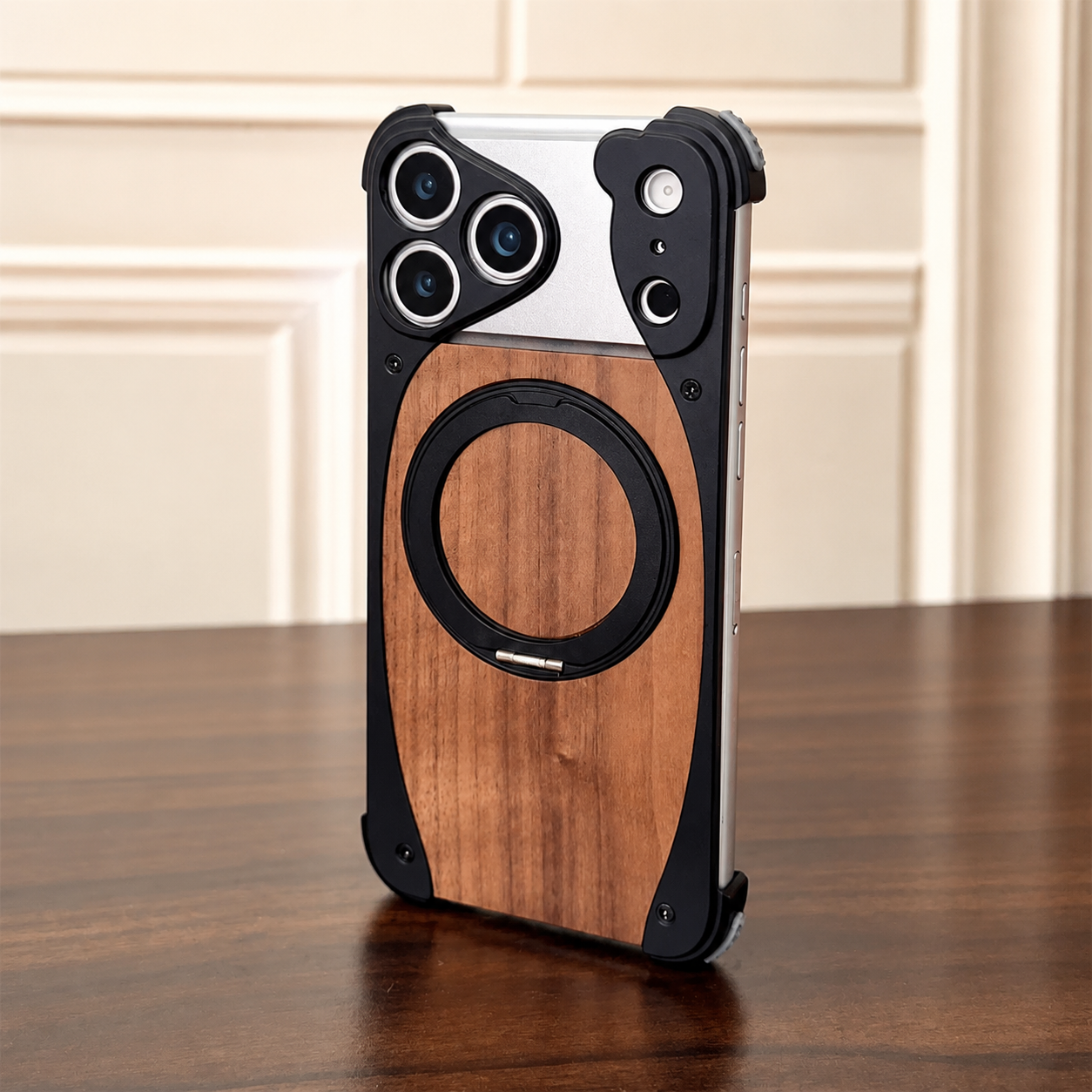 Premium iPhone Case Magnetic Walnut Wood Aluminum Cover Shockproof Built In Stand Camera Protection Slim Durable Full Coverage Design