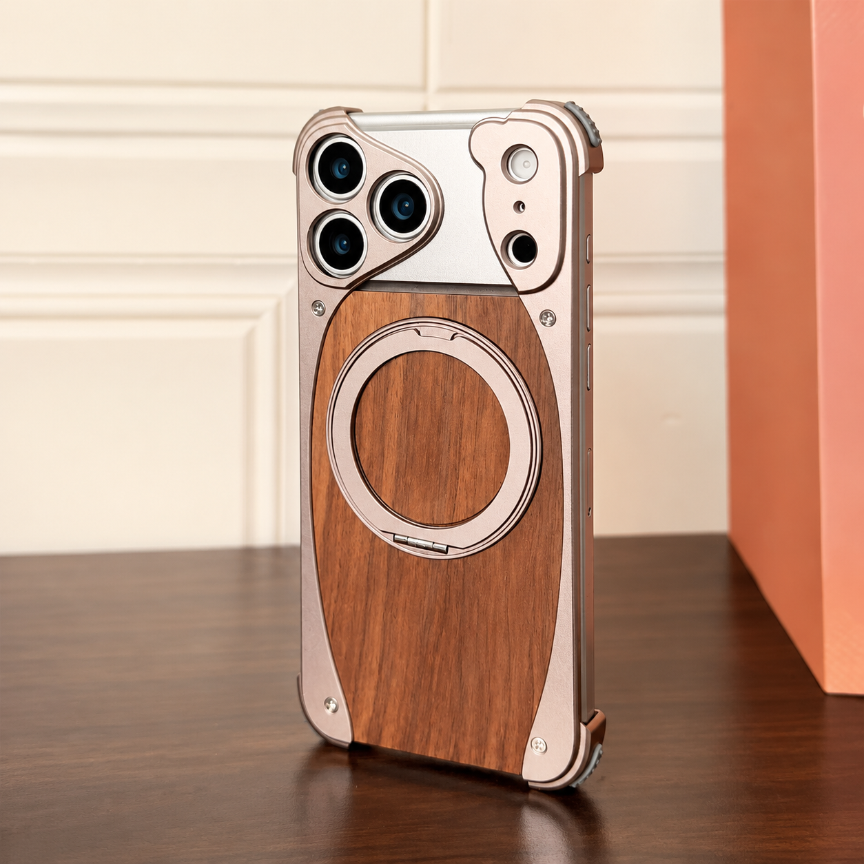 Premium iPhone Case Magnetic Walnut Wood Aluminum Cover Shockproof Built In Stand Camera Protection Slim Durable Full Coverage Design