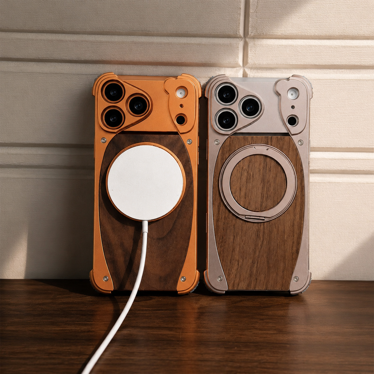 Premium iPhone Case Magnetic Walnut Wood Aluminum Cover Shockproof Built In Stand Camera Protection Slim Durable Full Coverage Design
