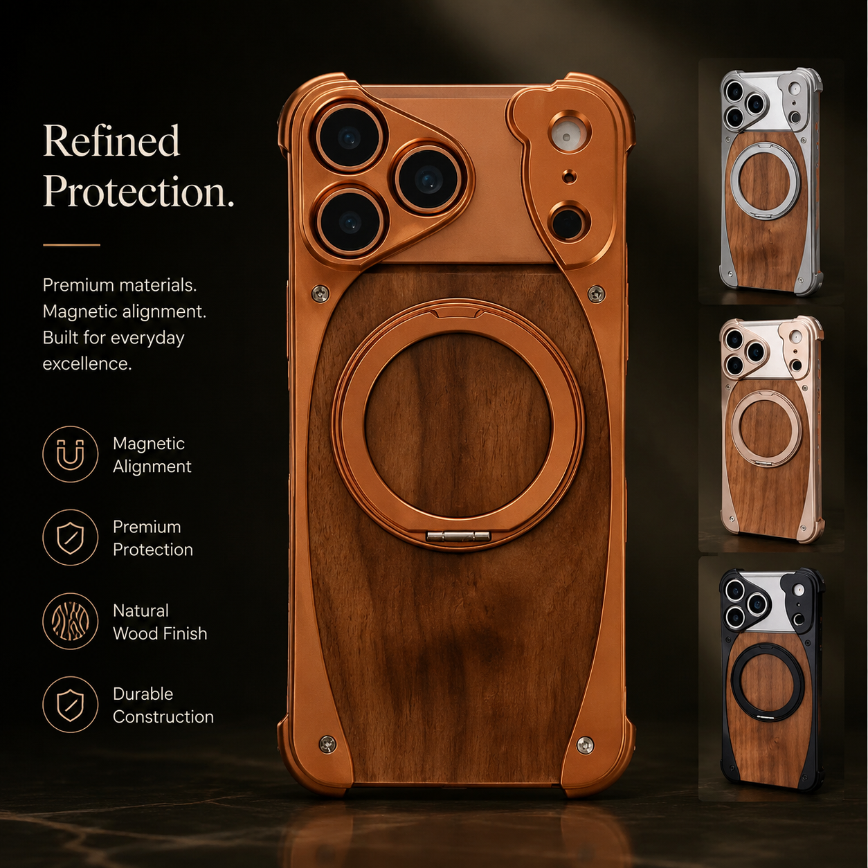 Premium iPhone Case Magnetic Walnut Wood Aluminum Cover Shockproof Built In Stand Camera Protection Slim Durable Full Coverage Design