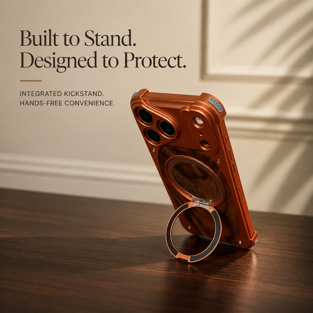 Premium iPhone Case Magnetic Walnut Wood Aluminum Cover Shockproof Built In Stand Camera Protection Slim Durable Full Coverage Design