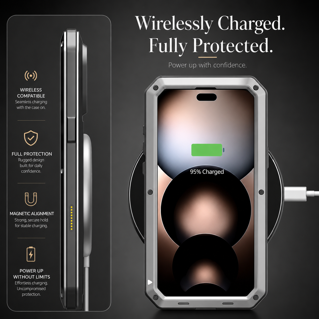 Premium iPhone Case Metal Shockproof Protective Cover Built In Glass Screen Protector Dual Layer PC TPU Rugged Heavy Duty Anti Slip Full Coverage