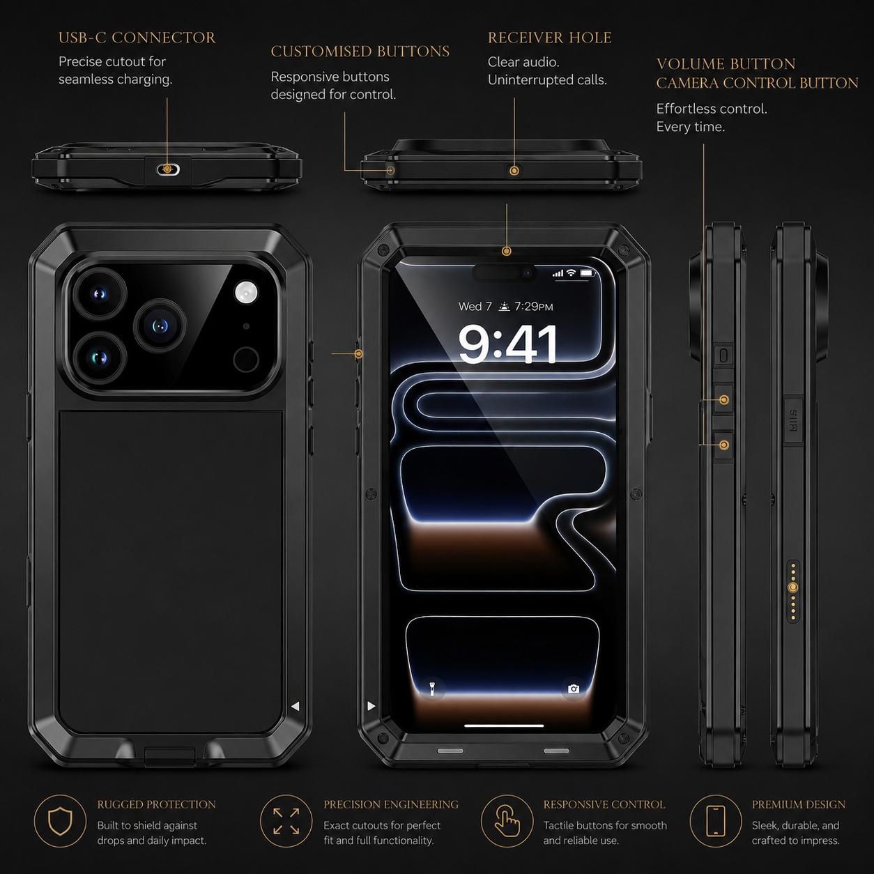 Premium iPhone Case Metal Shockproof Protective Cover Built In Glass Screen Protector Dual Layer PC TPU Rugged Heavy Duty Anti Slip Full Coverage