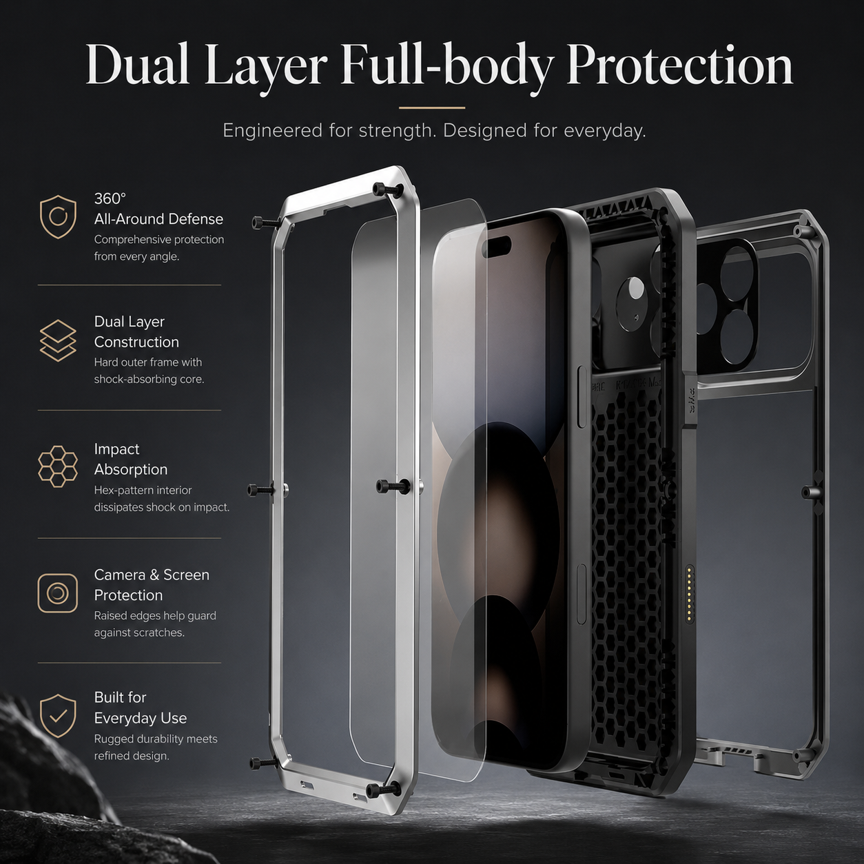 Premium iPhone Case Metal Shockproof Protective Cover Built In Glass Screen Protector Dual Layer PC TPU Rugged Heavy Duty Anti Slip Full Coverage