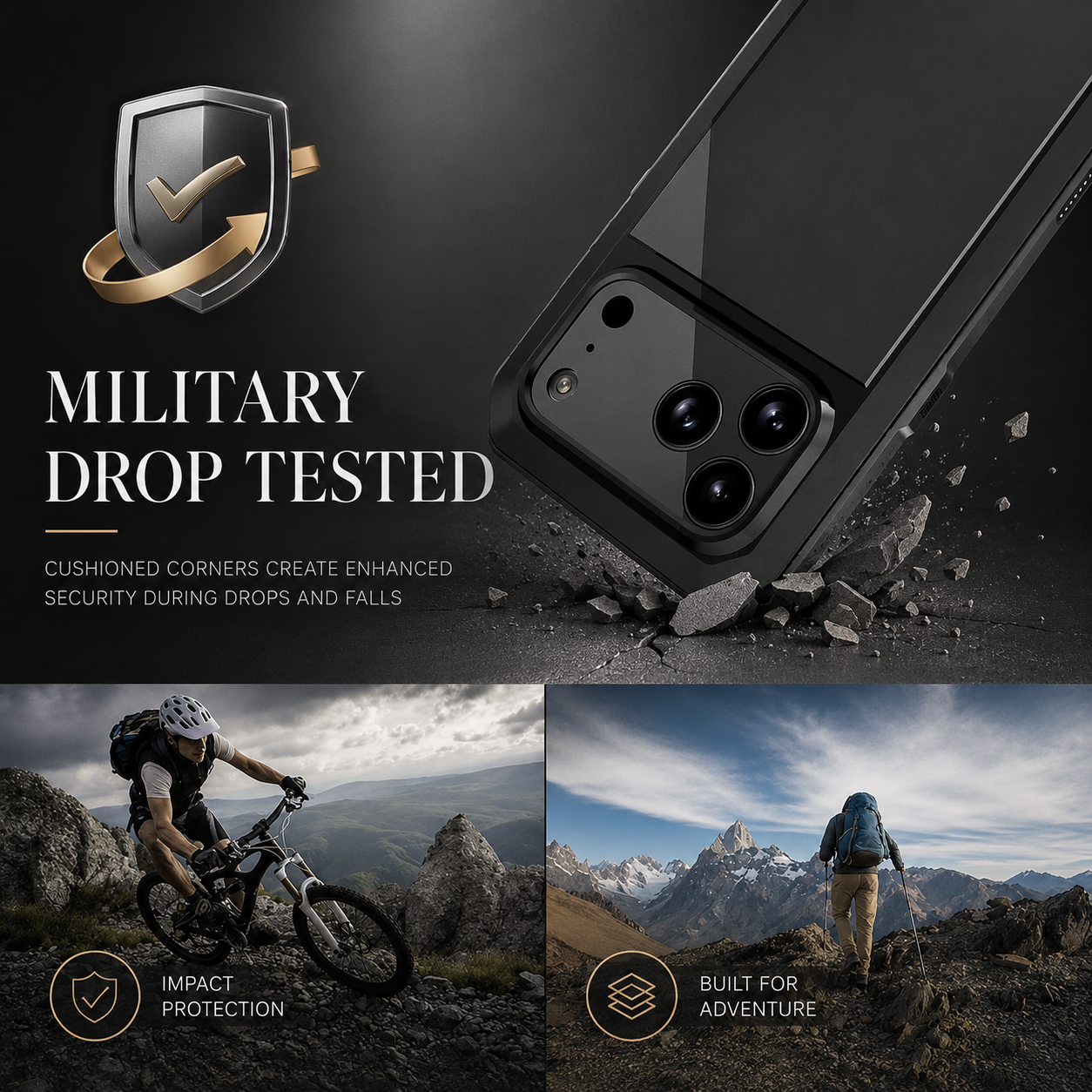 Premium iPhone Case Metal Shockproof Protective Cover Built In Glass Screen Protector Dual Layer PC TPU Rugged Heavy Duty Anti Slip Full Coverage
