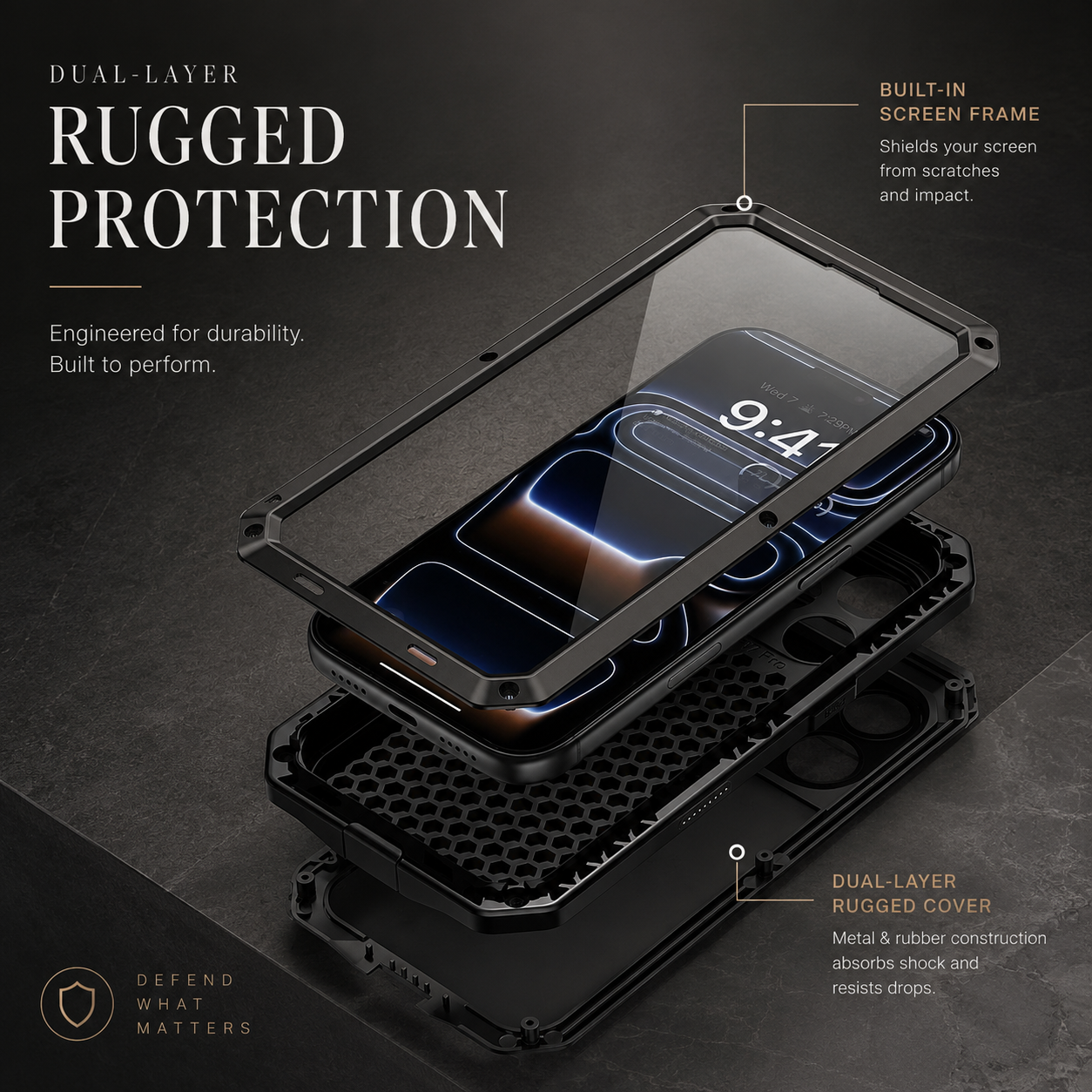 Premium iPhone Case Metal Shockproof Protective Cover Built In Glass Screen Protector Dual Layer PC TPU Rugged Heavy Duty Anti Slip Full Coverage