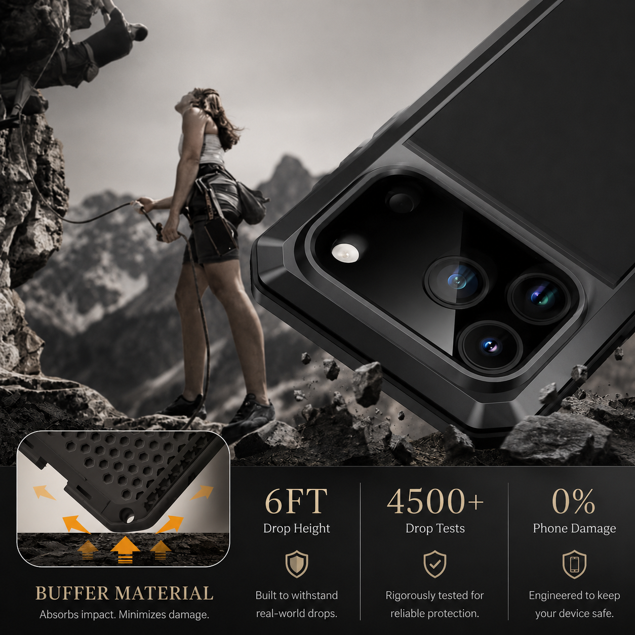 Premium iPhone Case Metal Shockproof Protective Cover Built In Glass Screen Protector Dual Layer PC TPU Rugged Heavy Duty Anti Slip Full Coverage