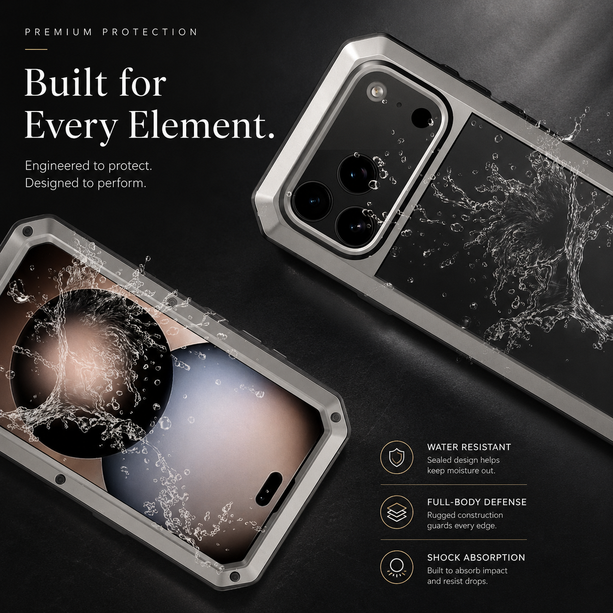 Premium iPhone Case Metal Shockproof Protective Cover Built In Glass Screen Protector Dual Layer PC TPU Rugged Heavy Duty Anti Slip Full Coverage