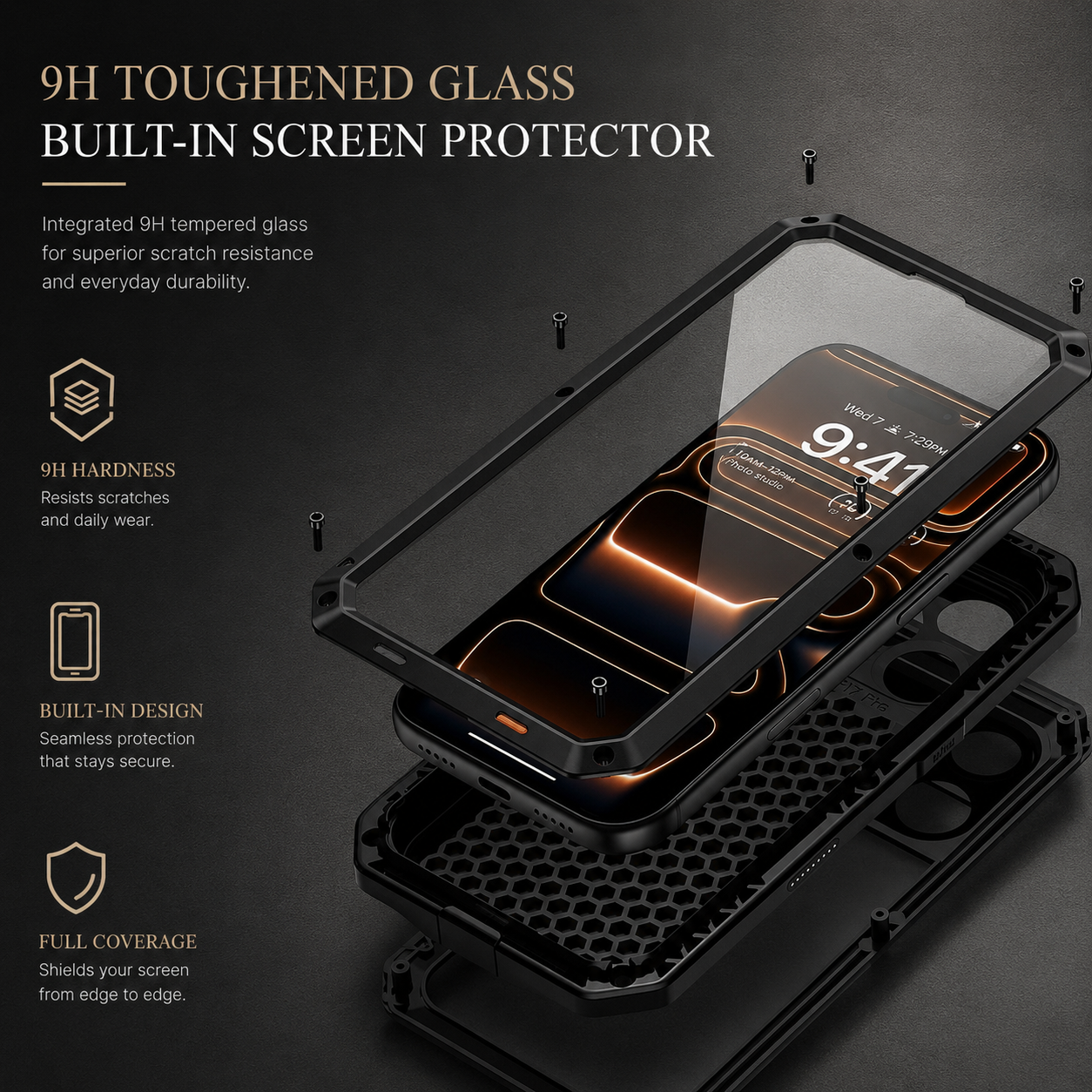 Premium iPhone Case Metal Shockproof Protective Cover Built In Glass Screen Protector Dual Layer PC TPU Rugged Heavy Duty Anti Slip Full Coverage