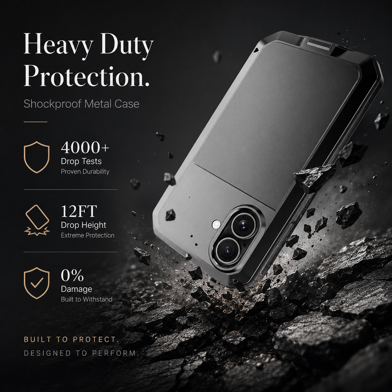 Premium iPhone Case Metal Shockproof Protective Cover Built In Glass Screen Protector Dual Layer PC TPU Rugged Heavy Duty Anti Slip Full Coverage