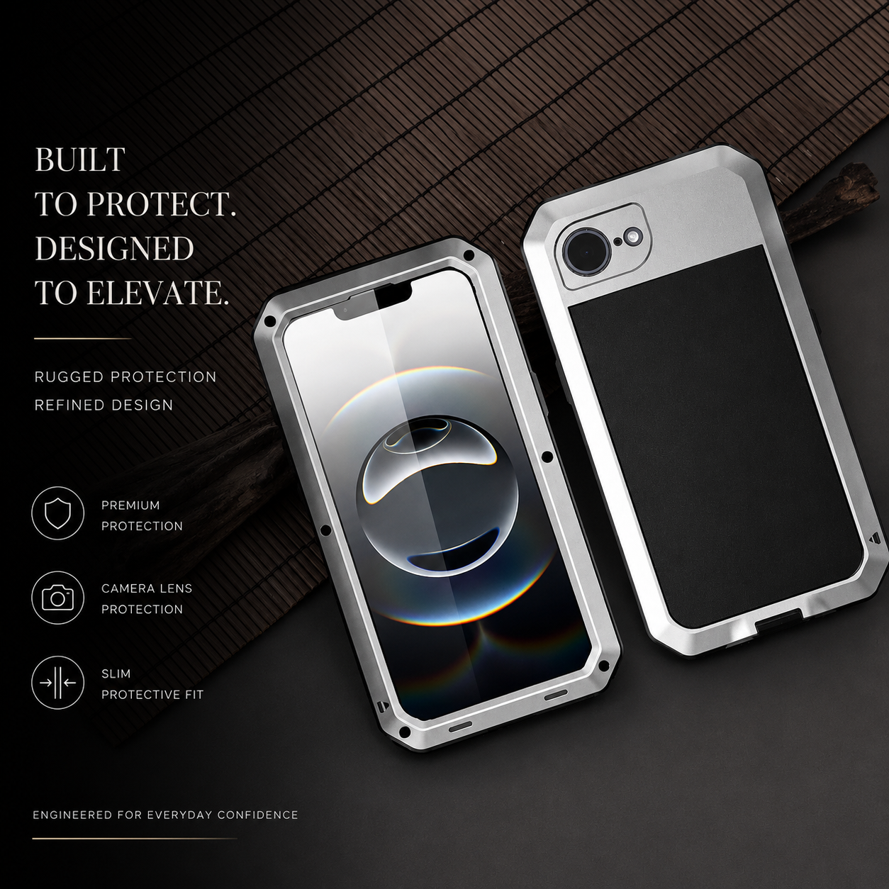 Premium iPhone Case Metal Shockproof Protective Cover Built In Glass Screen Protector Dual Layer PC TPU Rugged Heavy Duty Anti Slip Full Coverage