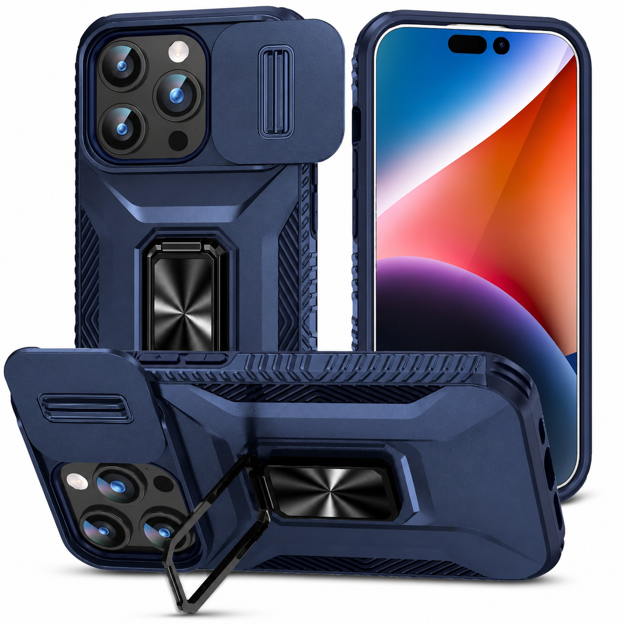 Premium iPhone Case Military Grade Shockproof Protective Cover Slide Camera Lens Protection Rotary Stand Anti Slip Rugged Dual Layer PC TPU Design
