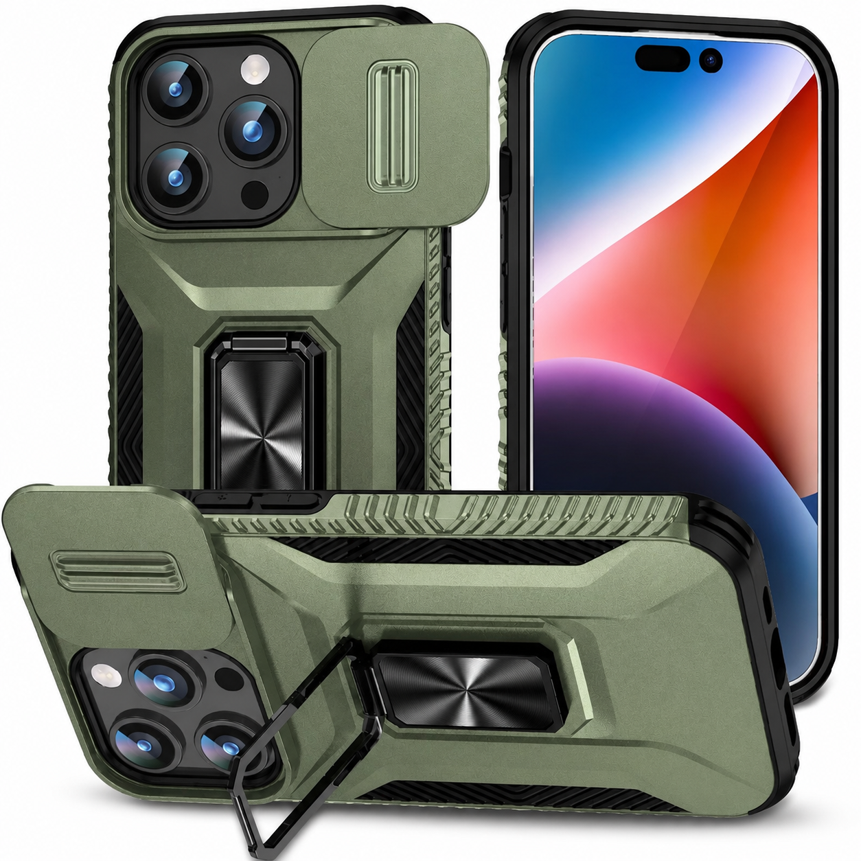 Premium iPhone Case Military Grade Shockproof Protective Cover Slide Camera Lens Protection Rotary Stand Anti Slip Rugged Dual Layer PC TPU Design