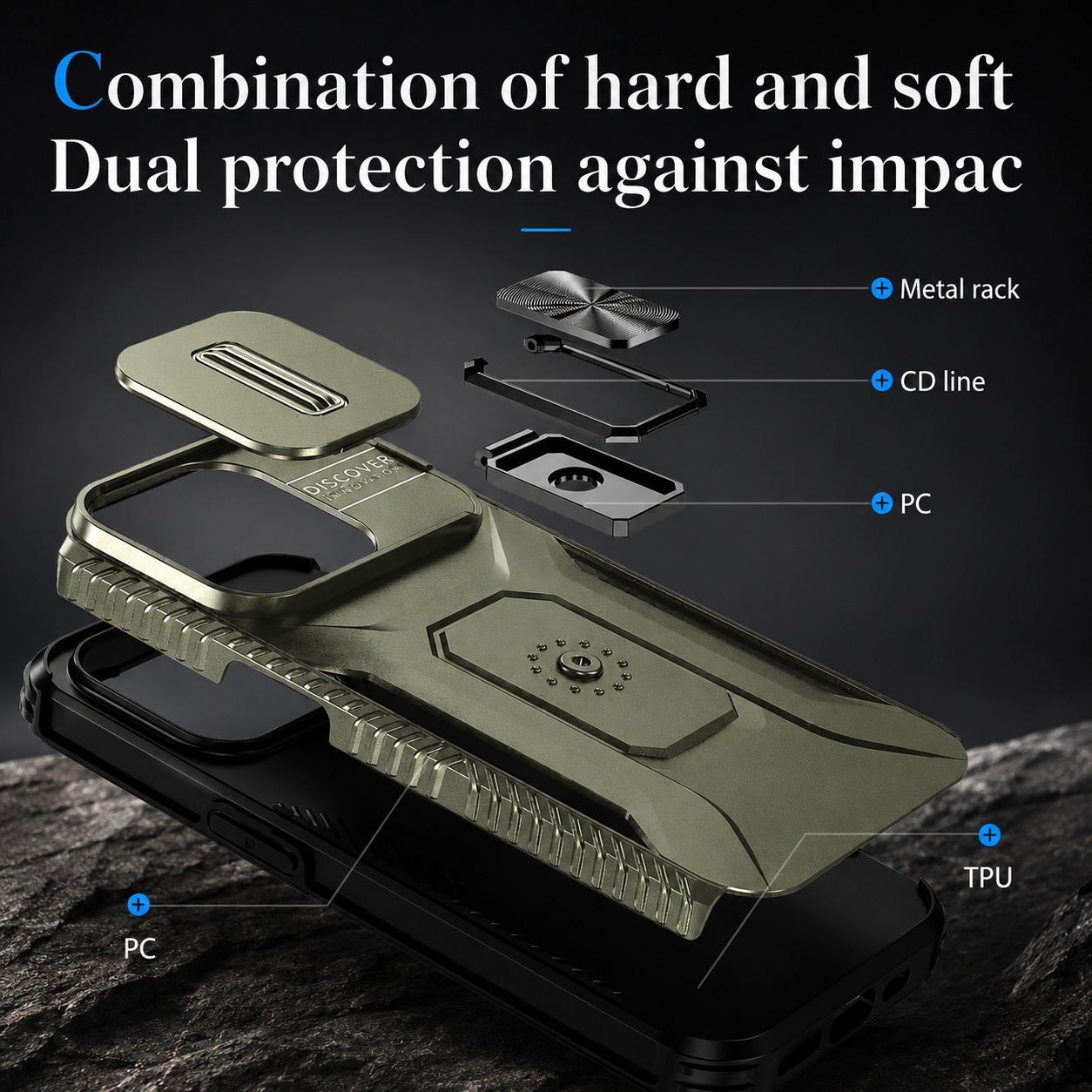 Premium iPhone Case Military Grade Shockproof Protective Cover Slide Camera Lens Protection Rotary Stand Anti Slip Rugged Dual Layer PC TPU Design
