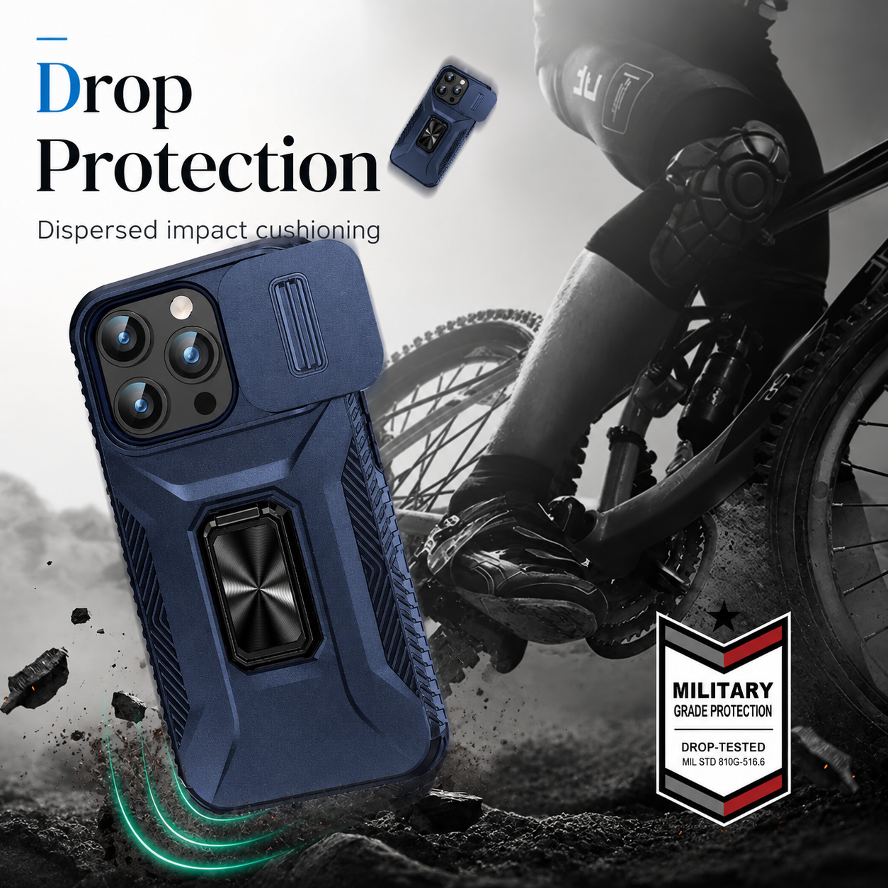 Premium iPhone Case Military Grade Shockproof Protective Cover Slide Camera Lens Protection Rotary Stand Anti Slip Rugged Dual Layer PC TPU Design