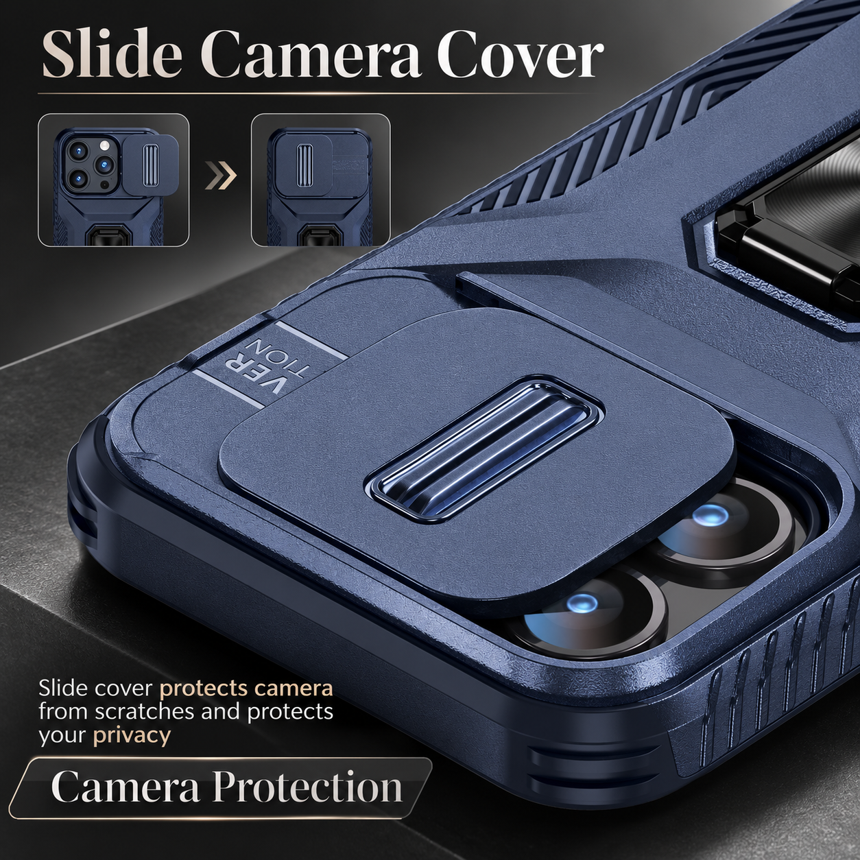 Premium iPhone Case Military Grade Shockproof Protective Cover Slide Camera Lens Protection Rotary Stand Anti Slip Rugged Dual Layer PC TPU Design