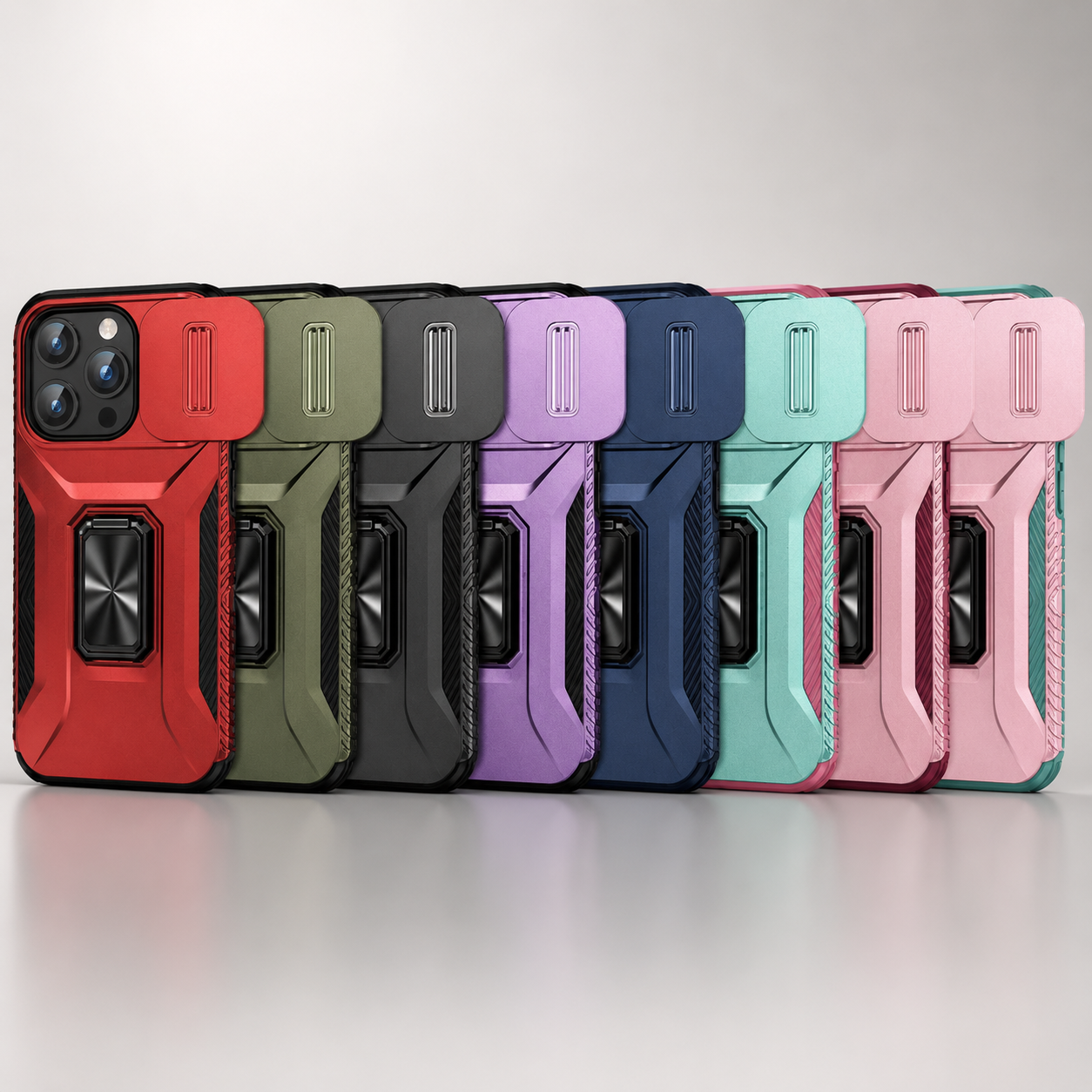 Premium iPhone Case Military Grade Shockproof Protective Cover Slide Camera Lens Protection Rotary Stand Anti Slip Rugged Dual Layer PC TPU Design