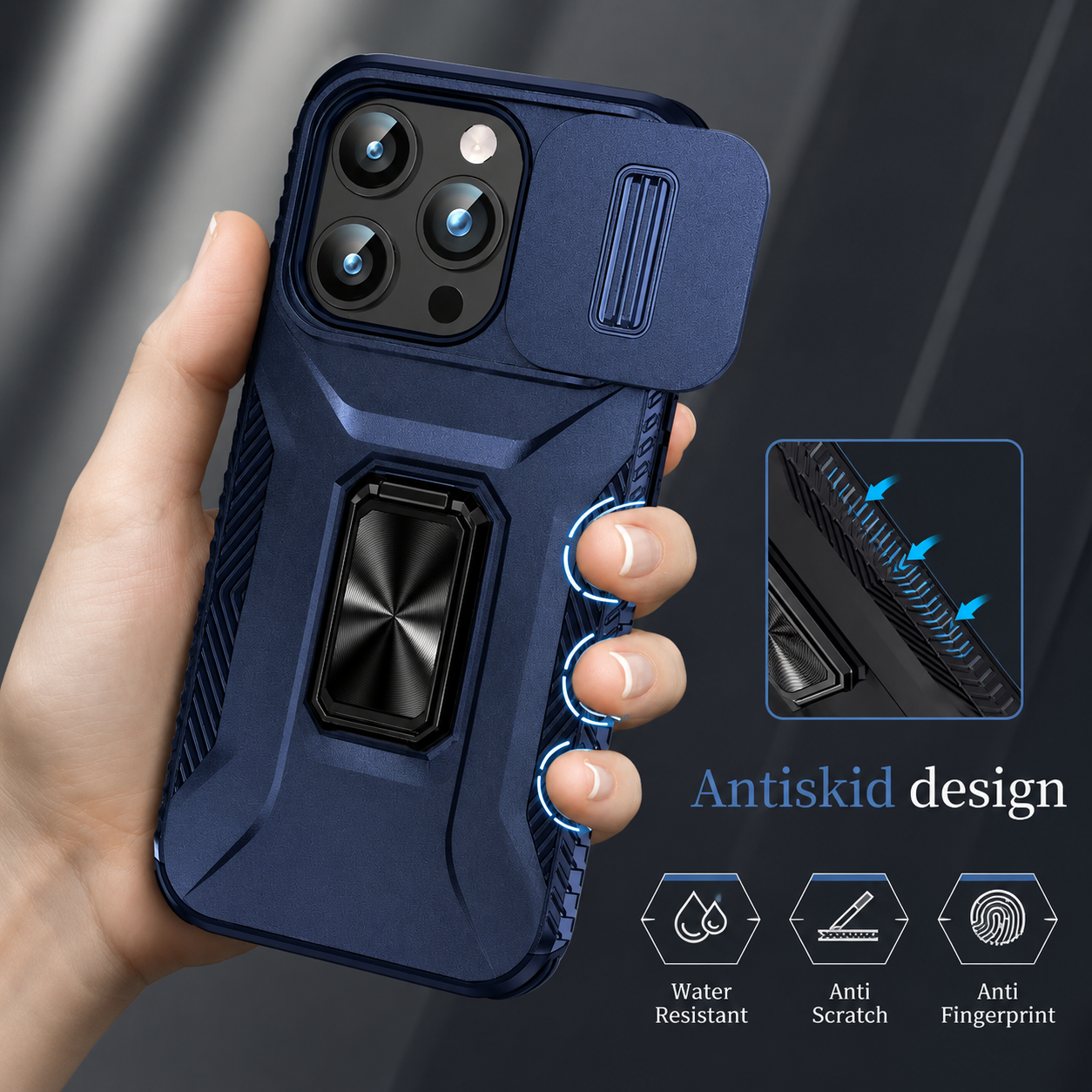 Premium iPhone Case Military Grade Shockproof Protective Cover Slide Camera Lens Protection Rotary Stand Anti Slip Rugged Dual Layer PC TPU Design