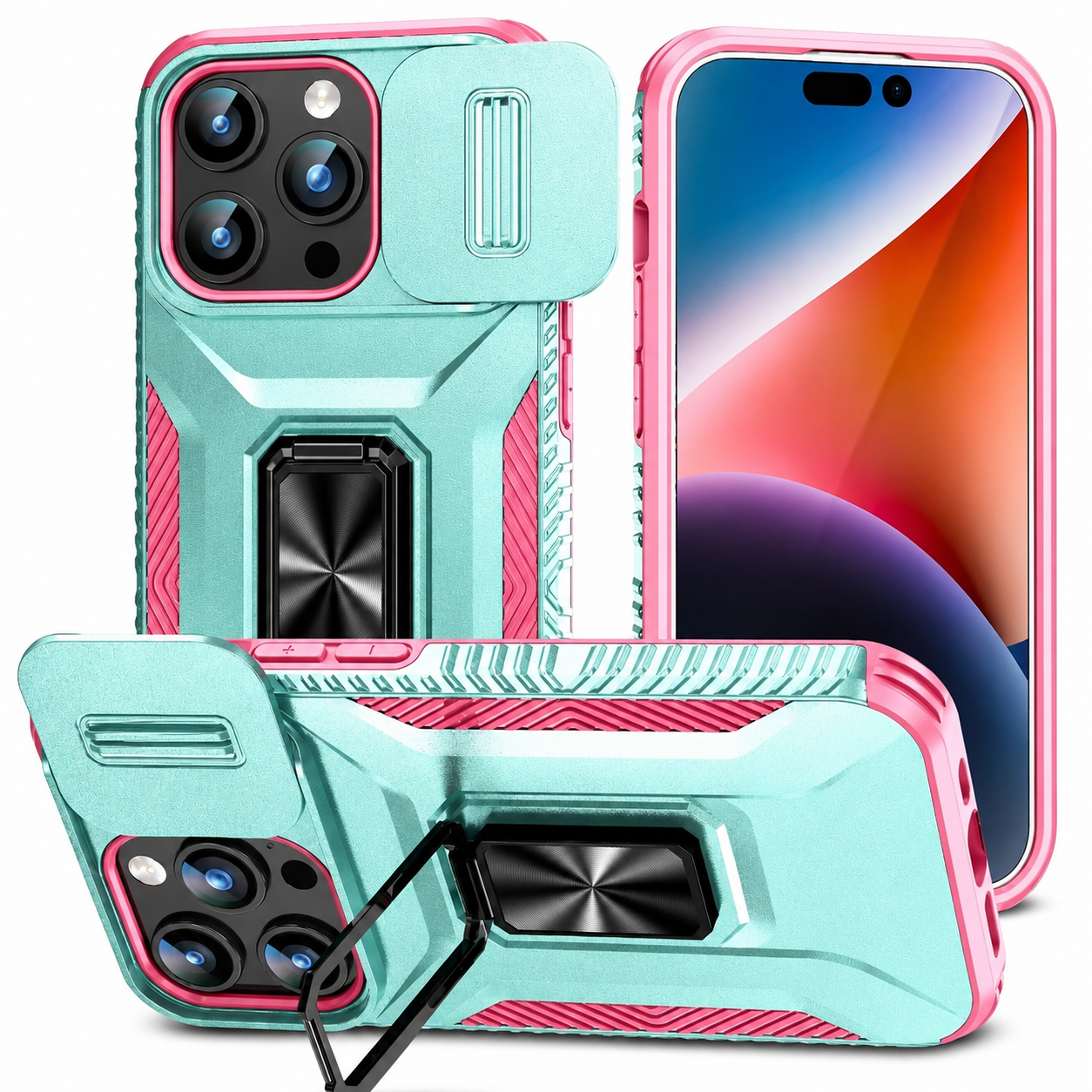 Premium iPhone Case Military Grade Shockproof Protective Cover Slide Camera Lens Protection Rotary Stand Anti Slip Rugged Dual Layer PC TPU Design