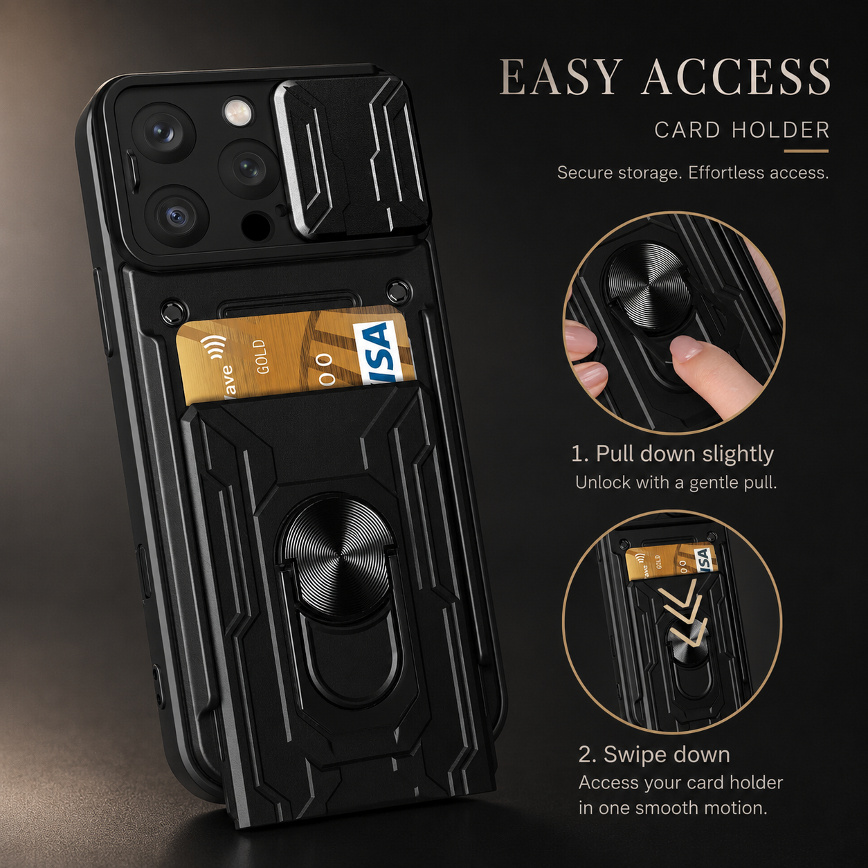 Premium iPhone Case Rugged Armor Cover Shockproof Dual Layer Card Holder 360 Ring Stand Magnetic Mount Full Edge Protection Protective Cover