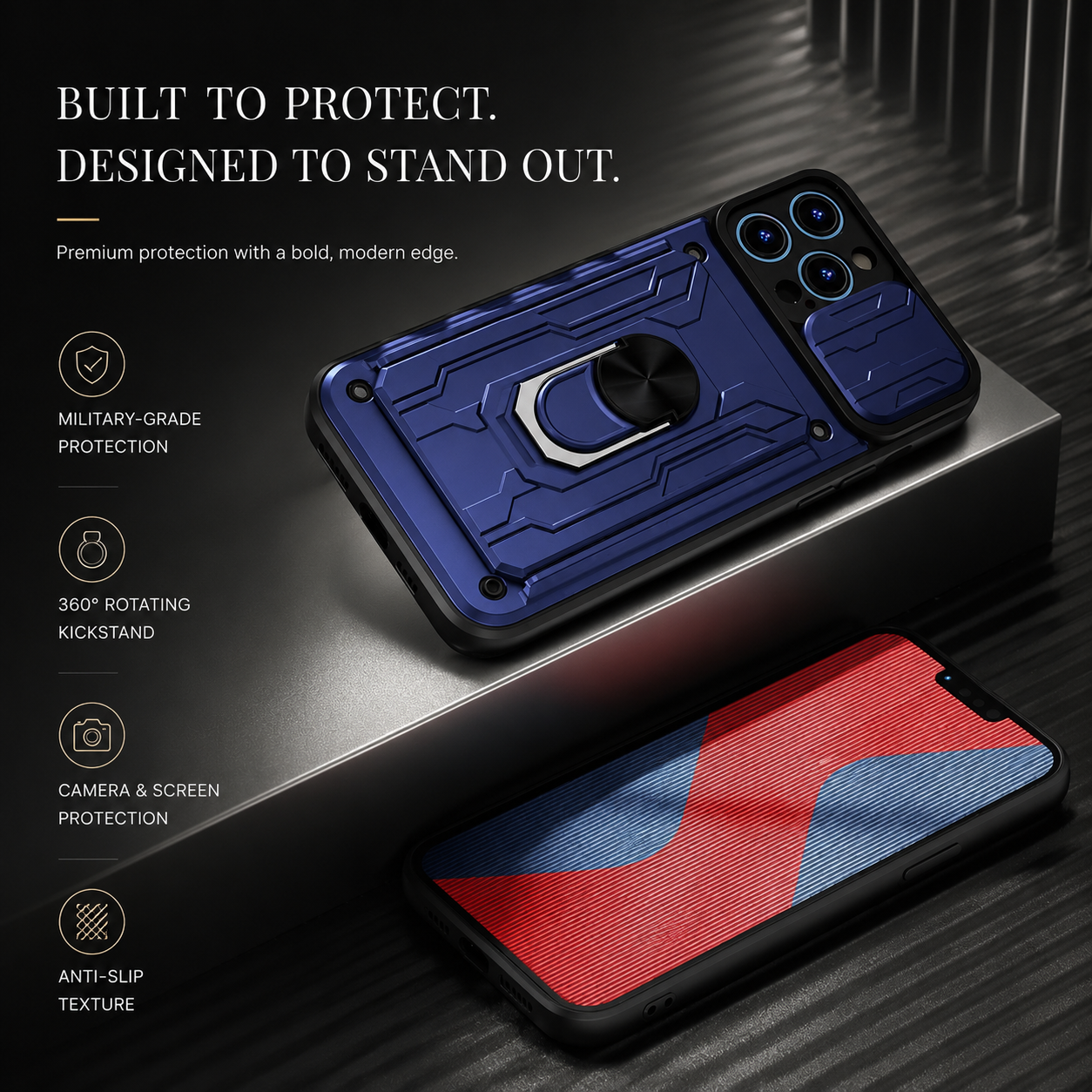 Premium iPhone Case Rugged Armor Cover Shockproof Dual Layer Card Holder 360 Ring Stand Magnetic Mount Full Edge Protection Protective Cover