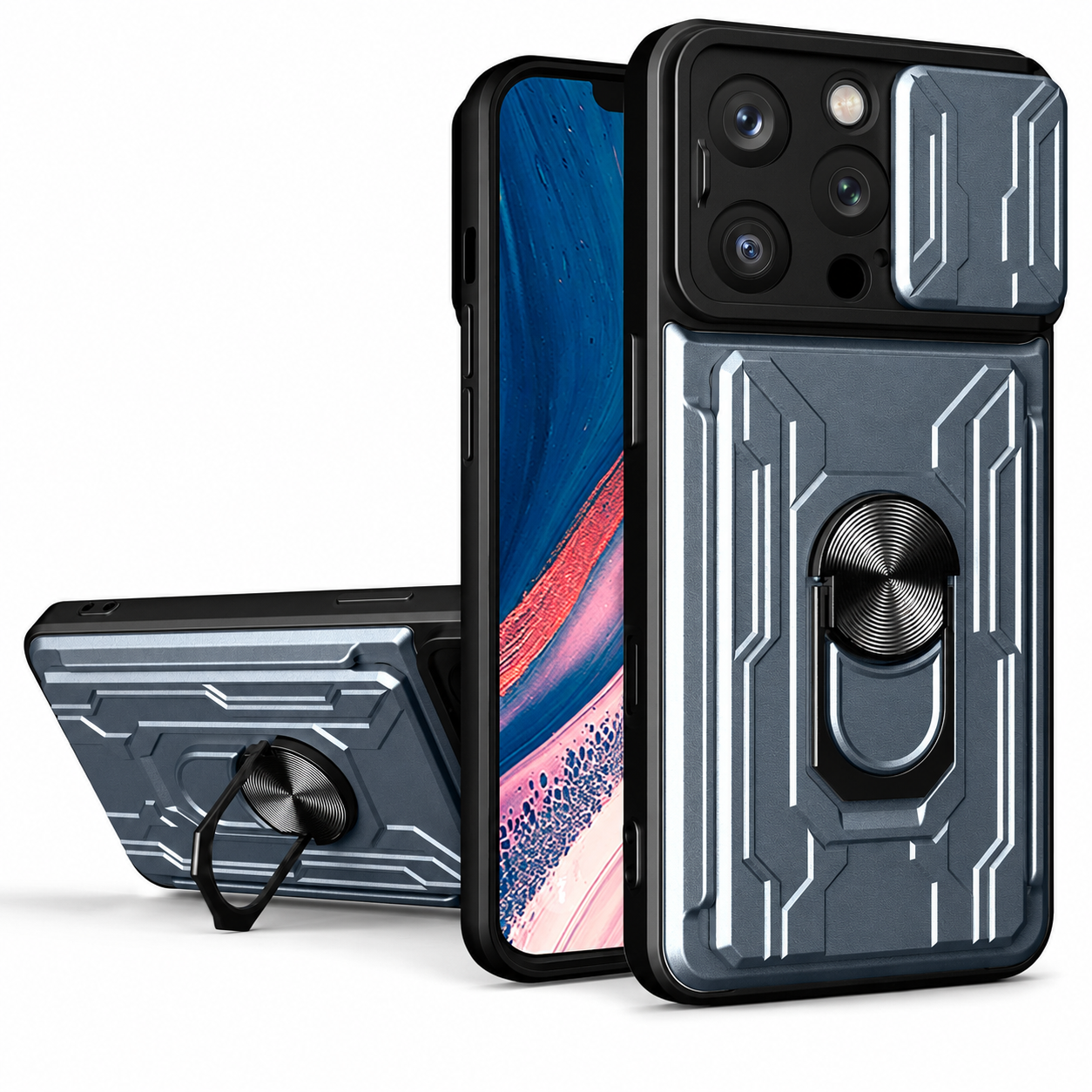 Premium iPhone Case Rugged Armor Cover Shockproof Dual Layer Card Holder 360 Ring Stand Magnetic Mount Full Edge Protection Protective Cover
