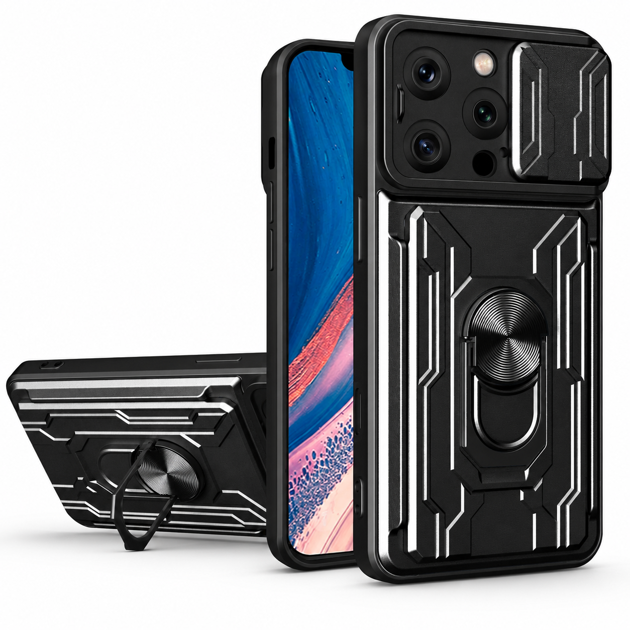 Premium iPhone Case Rugged Armor Cover Shockproof Dual Layer Card Holder 360 Ring Stand Magnetic Mount Full Edge Protection Protective Cover