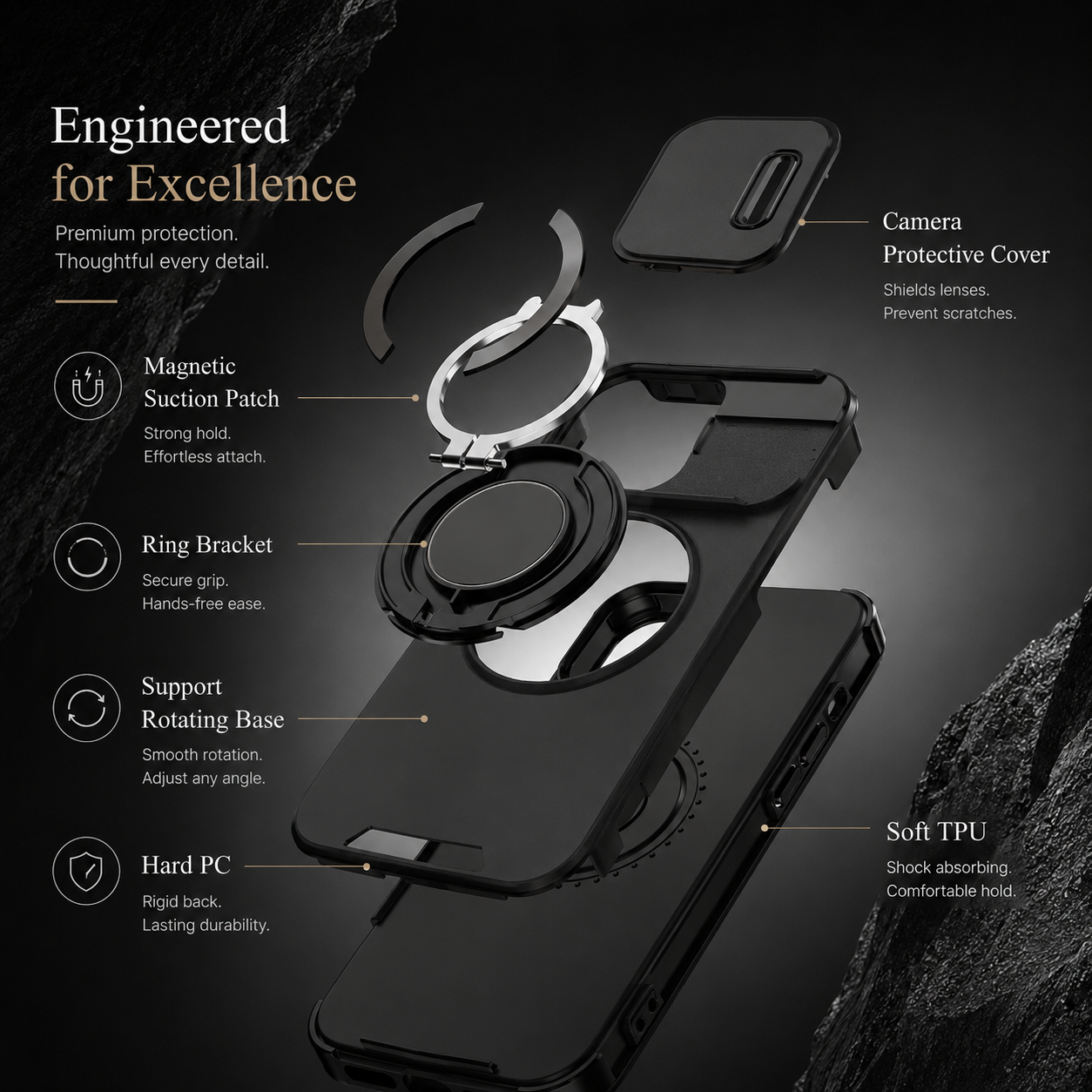 Premium iPhone Case Rugged Magnetic Armor Cover Slide Camera Protection Dual Layer Shockproof PC TPU Anti Fingerprint Non Slip Full Coverage
