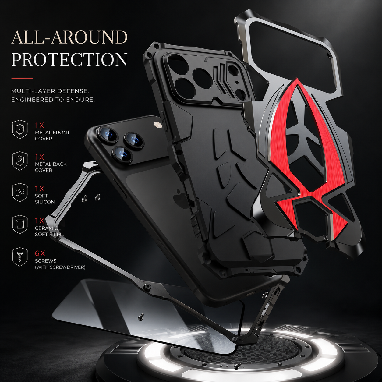 Premium iPhone Case Rugged Metal Frame Armor Protective Cover Camera Lens Protection Shockproof Heavy Duty Anti Scratch Dustproof Full Edge Defense