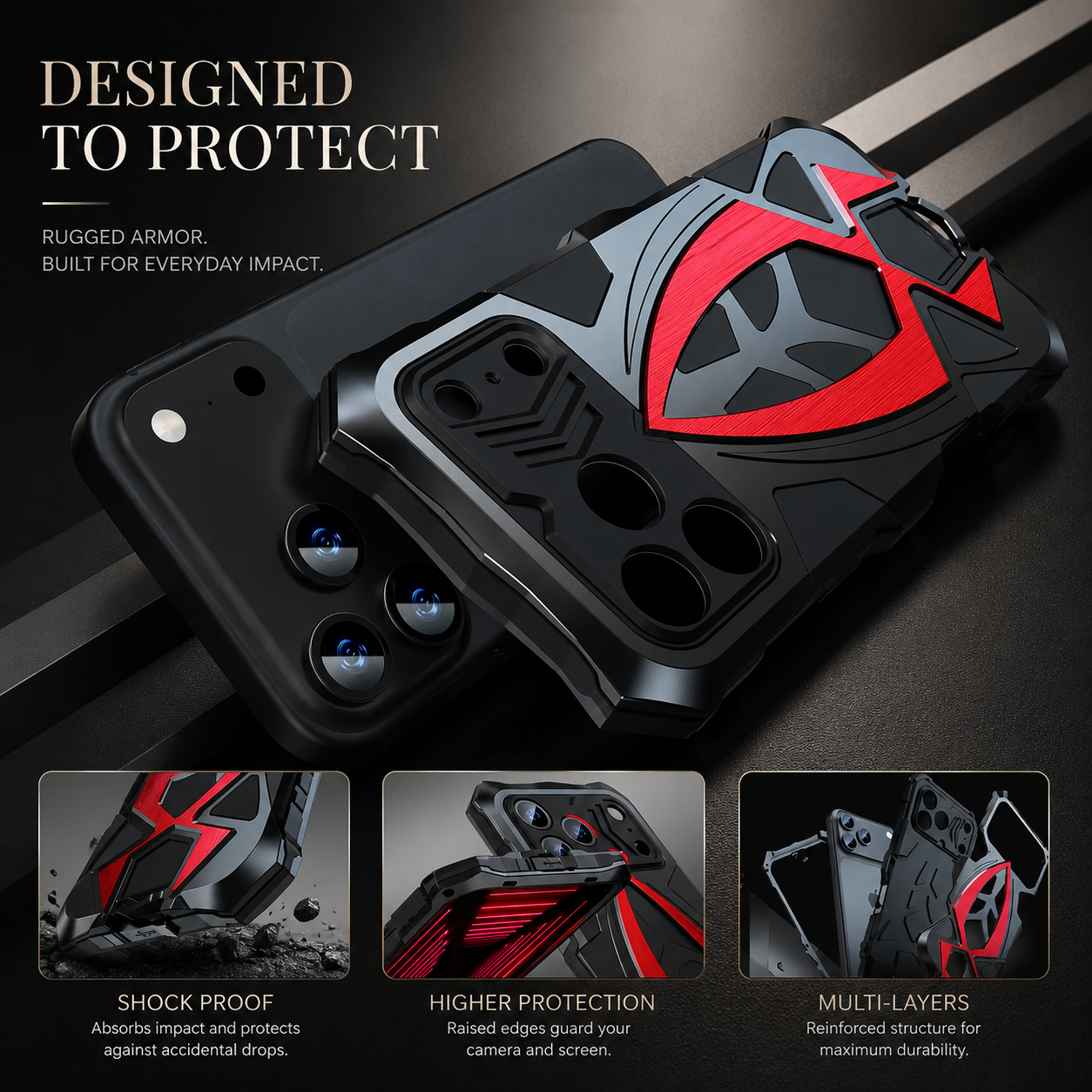 Premium iPhone Case Rugged Metal Frame Armor Protective Cover Camera Lens Protection Shockproof Heavy Duty Anti Scratch Dustproof Full Edge Defense
