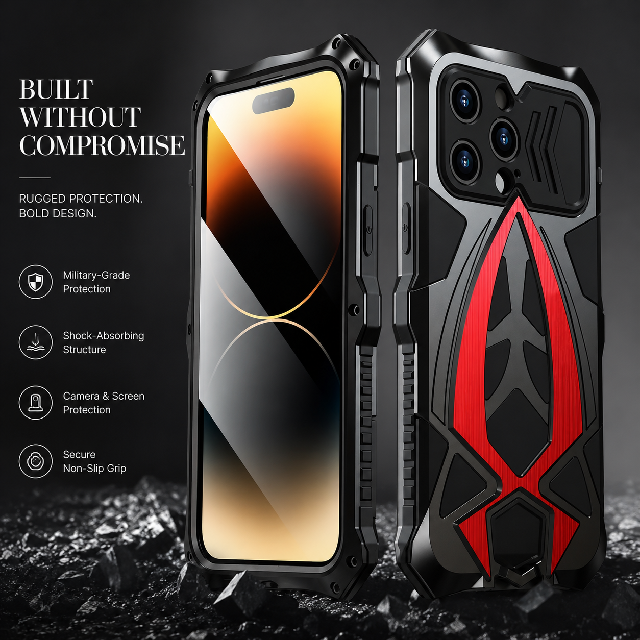Premium iPhone Case Rugged Metal Frame Armor Protective Cover Camera Lens Protection Shockproof Heavy Duty Anti Scratch Dustproof Full Edge Defense