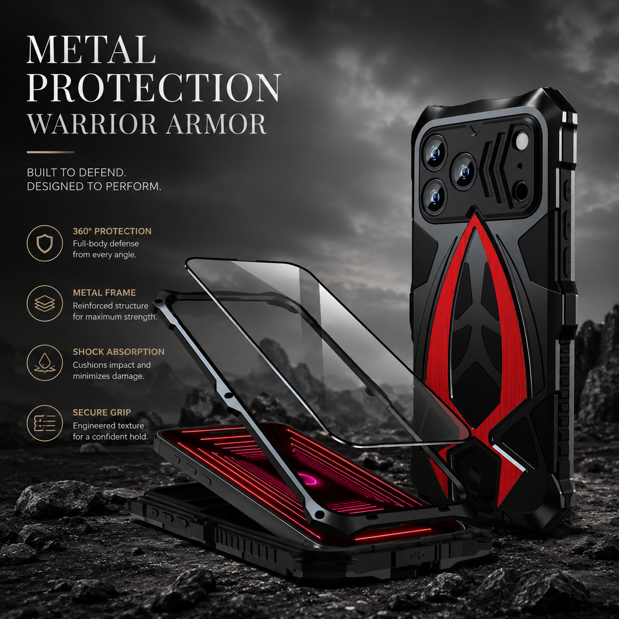 Premium iPhone Case Rugged Metal Frame Armor Protective Cover Camera Lens Protection Shockproof Heavy Duty Anti Scratch Dustproof Full Edge Defense