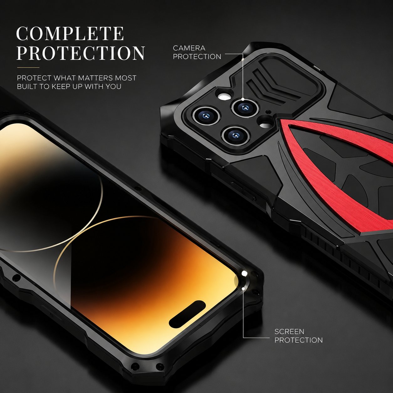 Premium iPhone Case Rugged Metal Frame Armor Protective Cover Camera Lens Protection Shockproof Heavy Duty Anti Scratch Dustproof Full Edge Defense