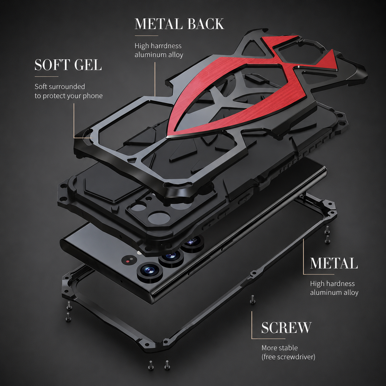 Premium iPhone Case Rugged Metal Frame Armor Protective Cover Camera Lens Protection Shockproof Heavy Duty Anti Scratch Dustproof Full Edge Defense