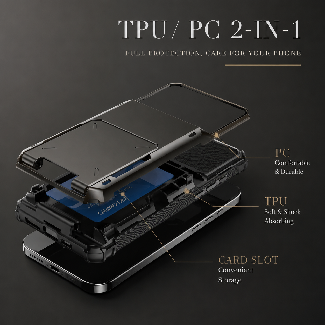 Premium iPhone Case Slide Wallet Card Holder Dual Layer PC Armor Cover Shockproof Protective Anti Fingerprint Non Slip Business Design