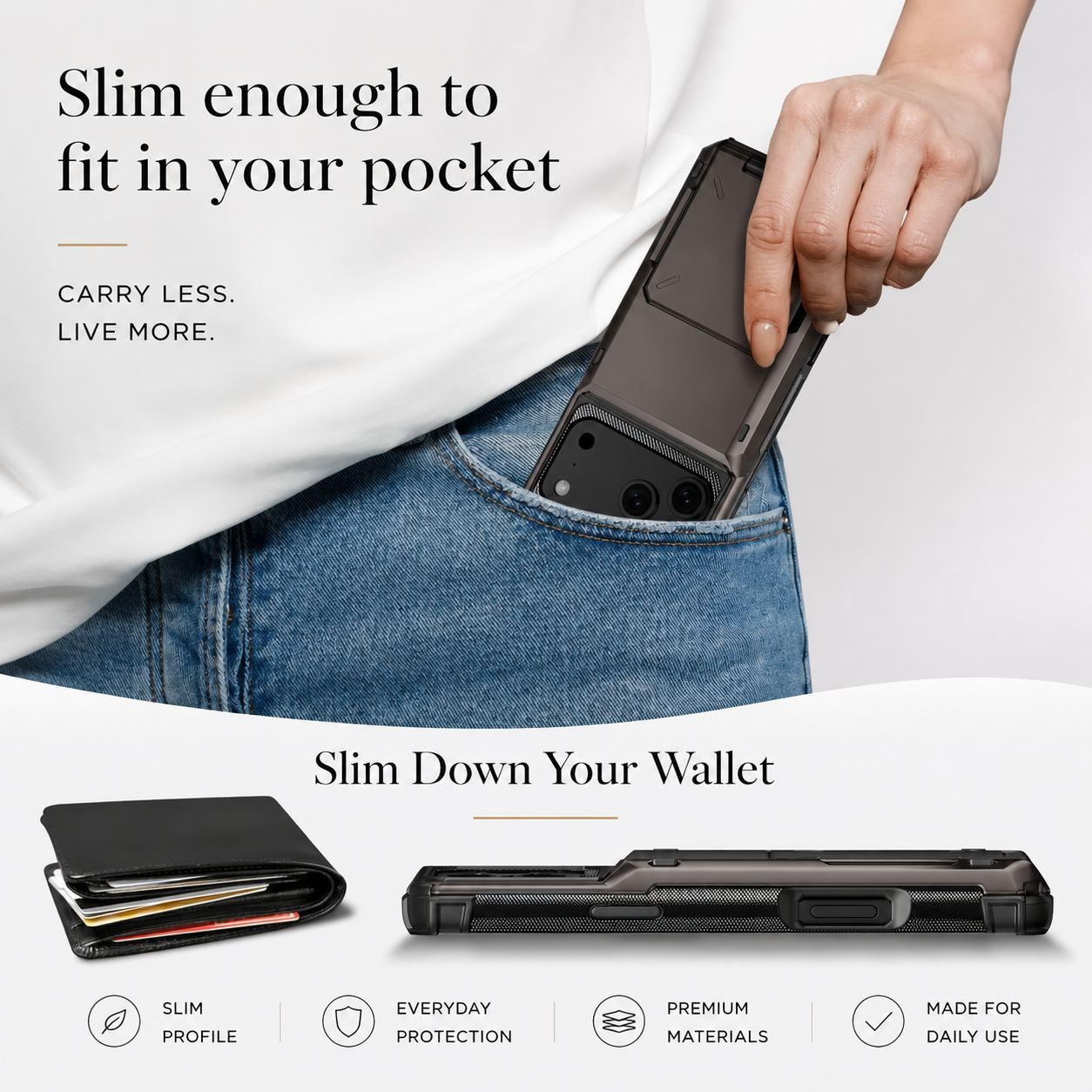 Premium iPhone Case Slide Wallet Card Holder Dual Layer PC Armor Cover Shockproof Protective Anti Fingerprint Non Slip Business Design