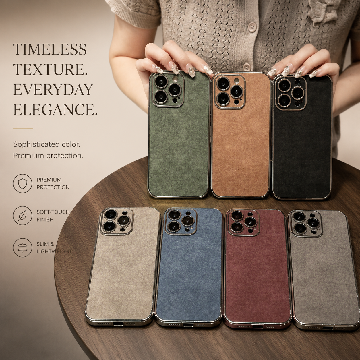 Premium iPhone Case Suede Leather Protective Cover Camera Lens Protection Shockproof Non Slip Soft Silicone Edges Electroplated Ultra Thin Slim Full Coverage Design
