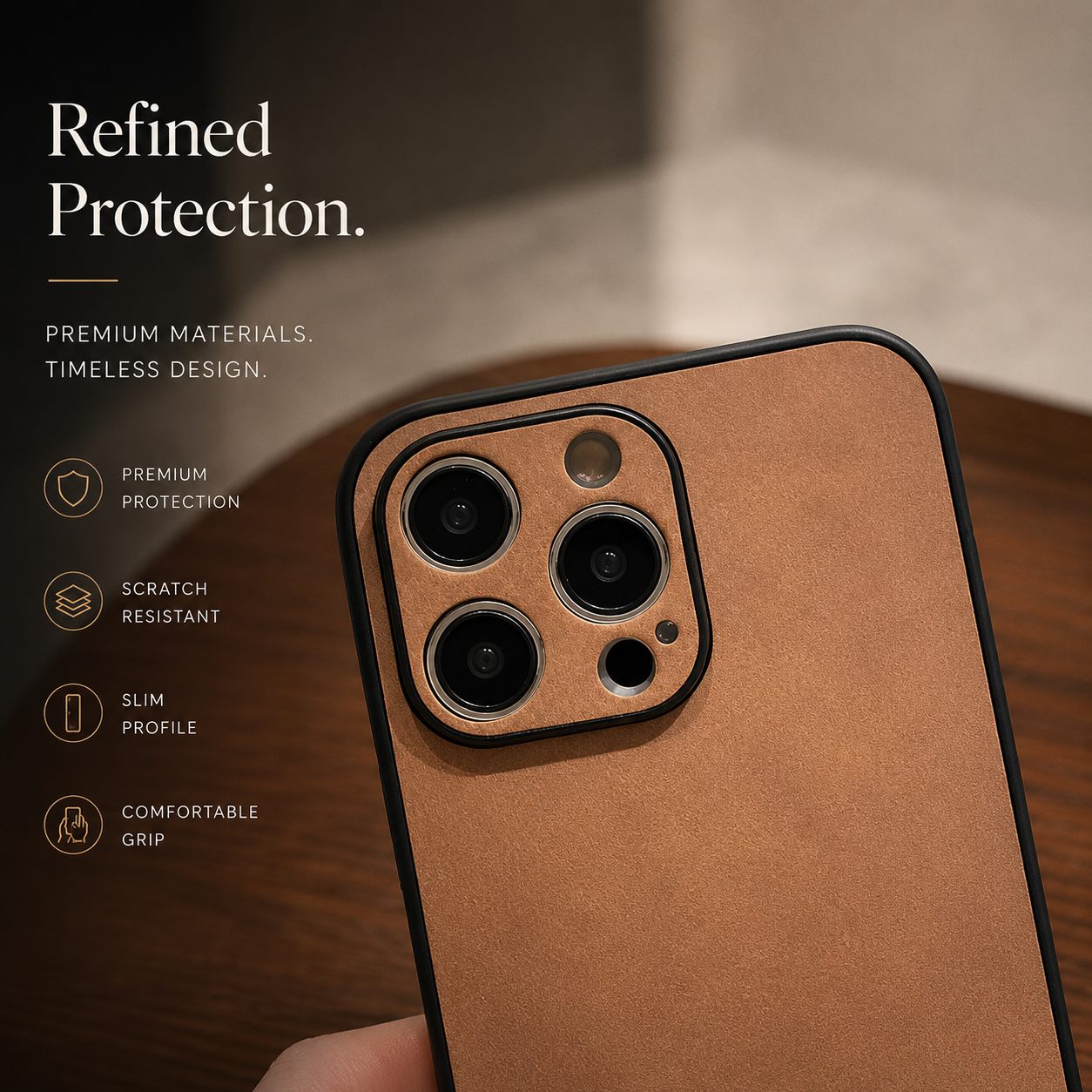 Premium iPhone Case Suede Leather Protective Cover Camera Lens Protection Shockproof Non Slip Soft Silicone Edges Electroplated Ultra Thin Slim Full Coverage Design