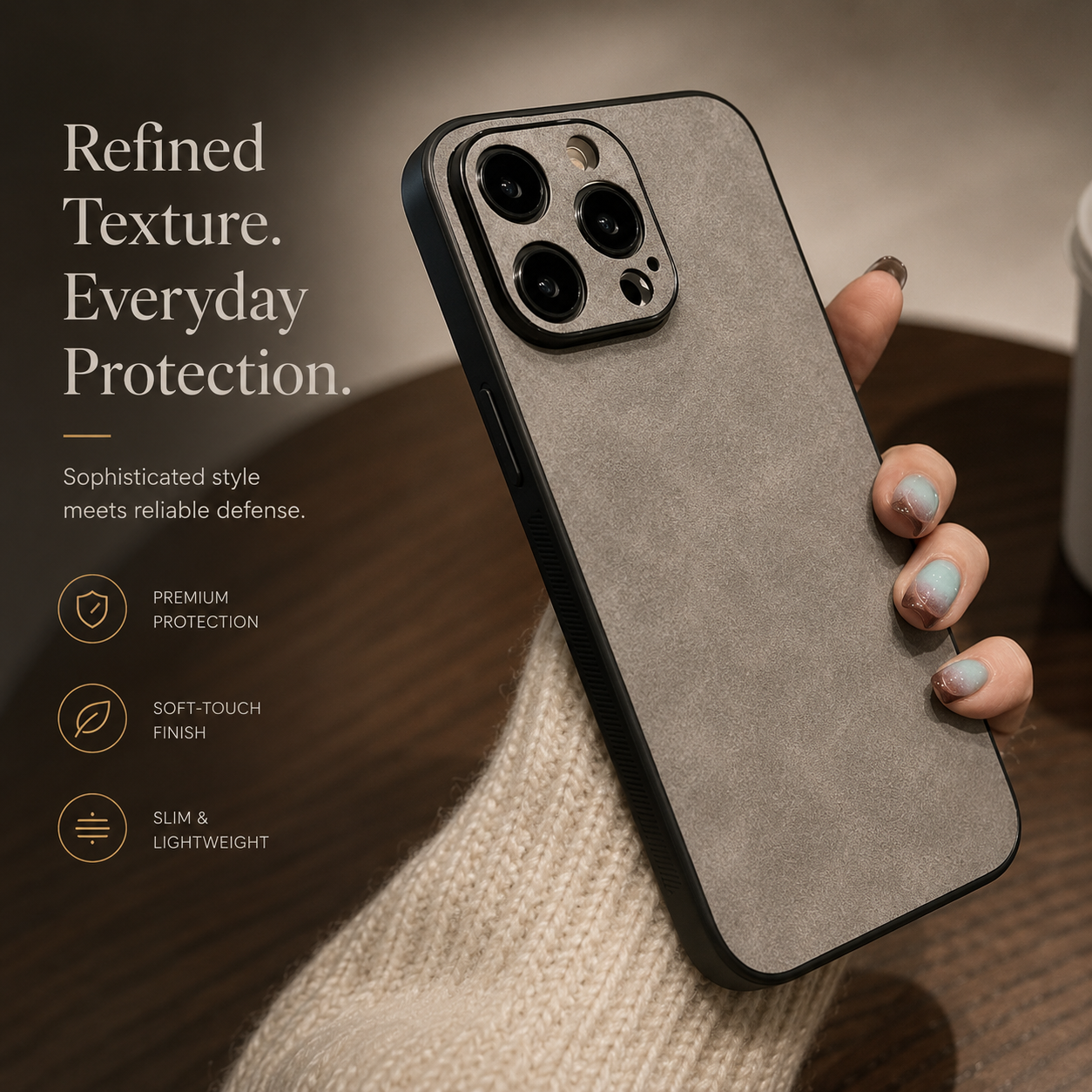 Premium iPhone Case Suede Leather Protective Cover Camera Lens Protection Shockproof Non Slip Soft Silicone Edges Electroplated Ultra Thin Slim Full Coverage Design