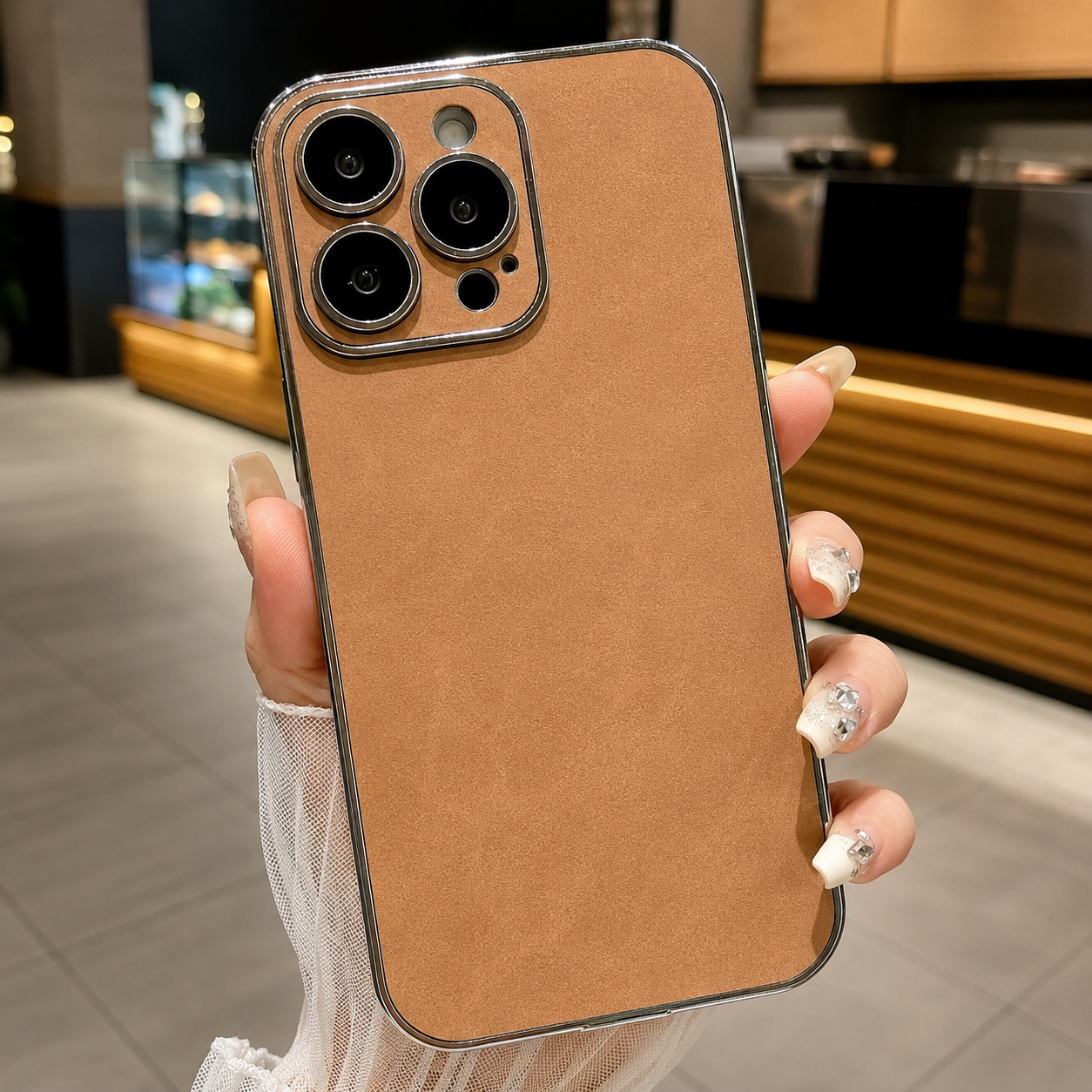 Premium iPhone Case Suede Leather Protective Cover Camera Lens Protection Shockproof Non Slip Soft Silicone Edges Electroplated Ultra Thin Slim Full Coverage Design