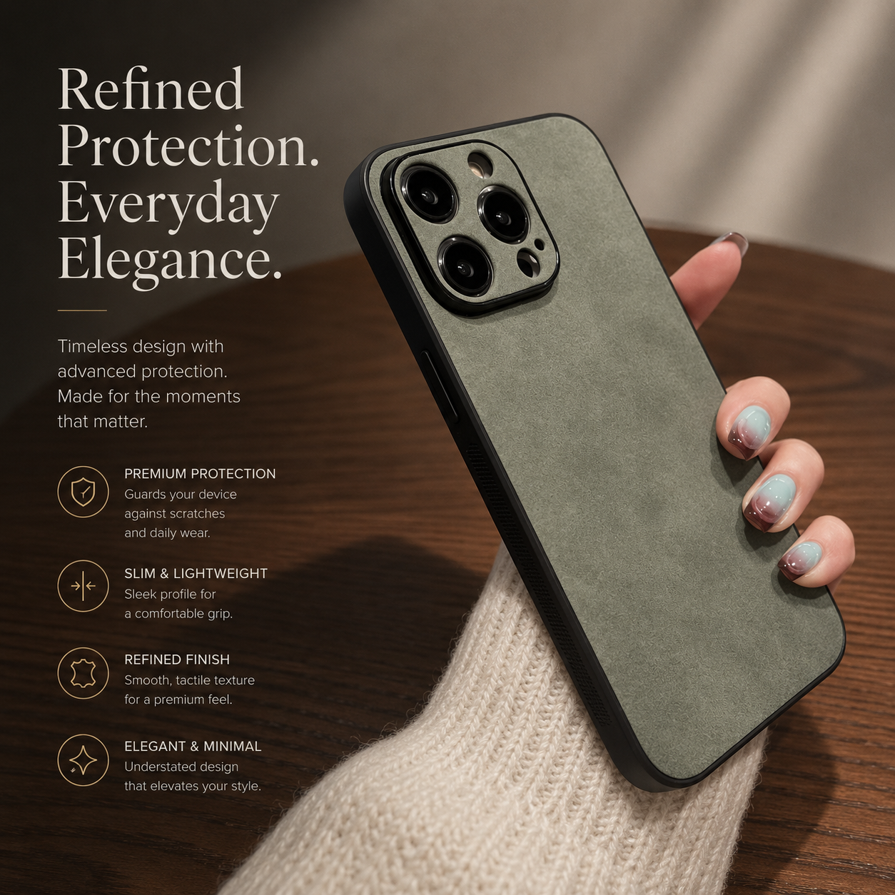 Premium iPhone Case Suede Leather Protective Cover Camera Lens Protection Shockproof Non Slip Soft Silicone Edges Electroplated Ultra Thin Slim Full Coverage Design