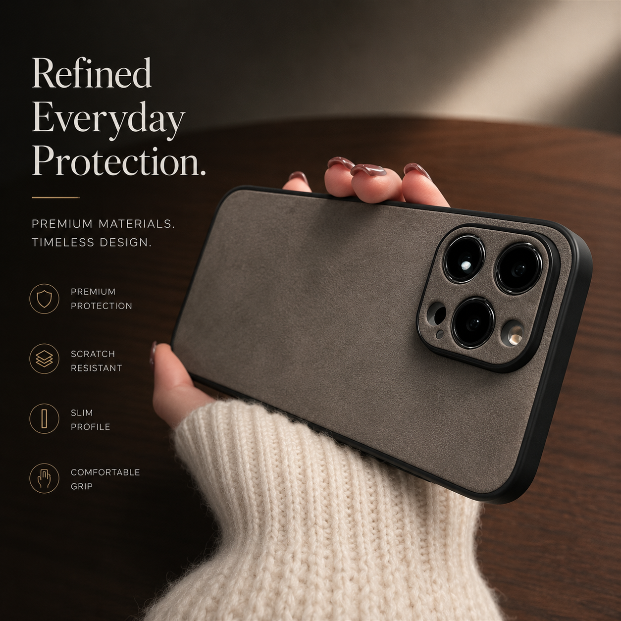 Premium iPhone Case Suede Leather Protective Cover Camera Lens Protection Shockproof Non Slip Soft Silicone Edges Electroplated Ultra Thin Slim Full Coverage Design