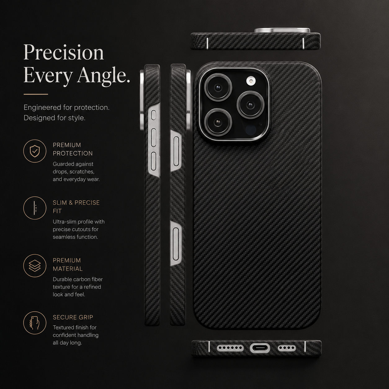 Premium iPhone Case Ultra Thin Carbon Fiber Aramid Cover Lightweight Shockproof Full Coverage Anti Fingerprint Anti Scratch Slim Protective Design