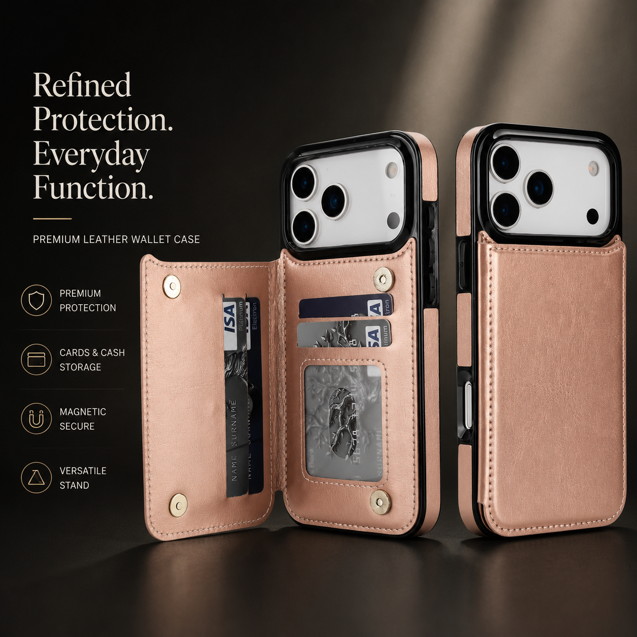 Premium iPhone Case Wallet Cover Card Holder Faux Leather Kickstand Double Magnetic Clasp Shockproof Full Coverage Slim Protective Design