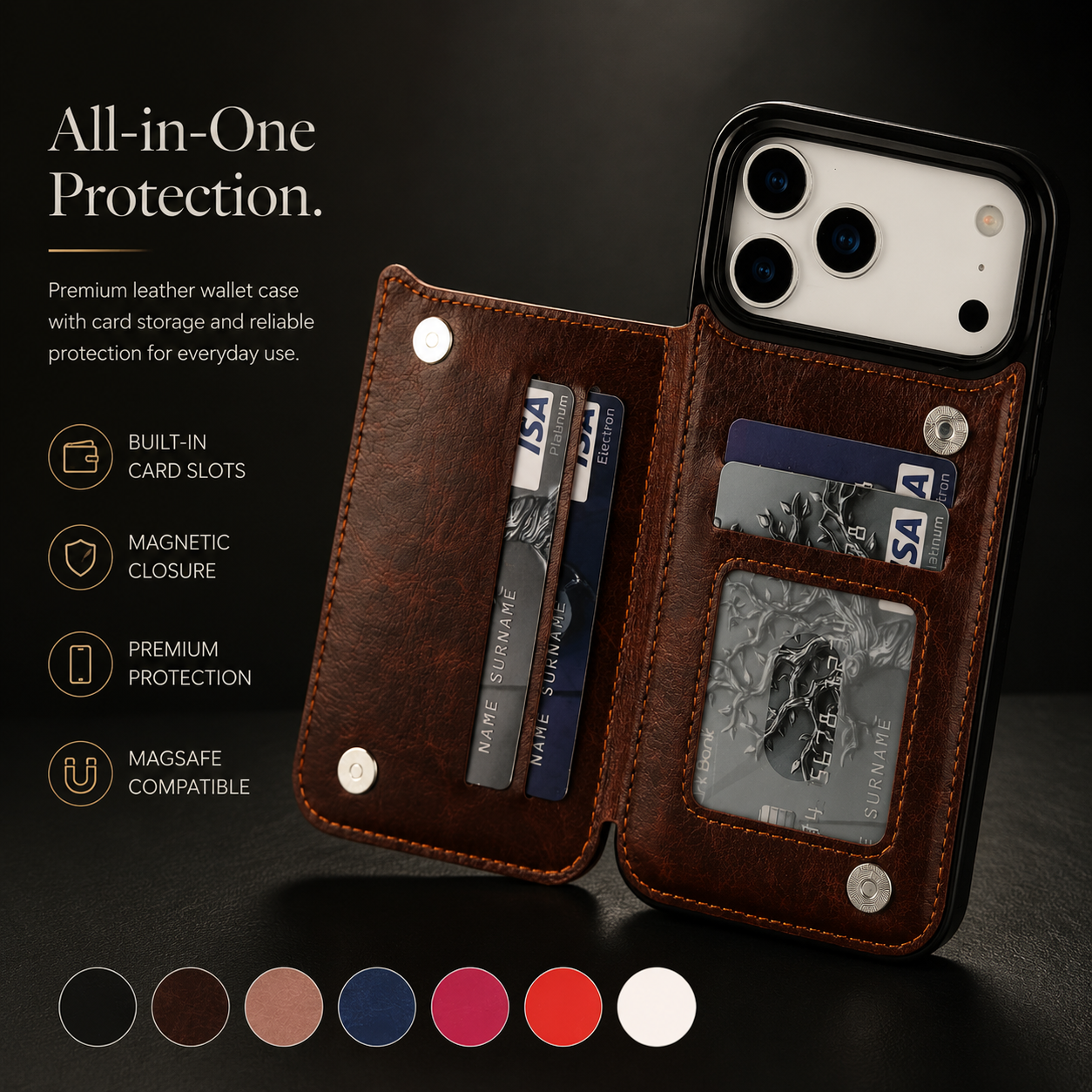 Premium iPhone Case Wallet Cover Card Holder Faux Leather Kickstand Double Magnetic Clasp Shockproof Full Coverage Slim Protective Design