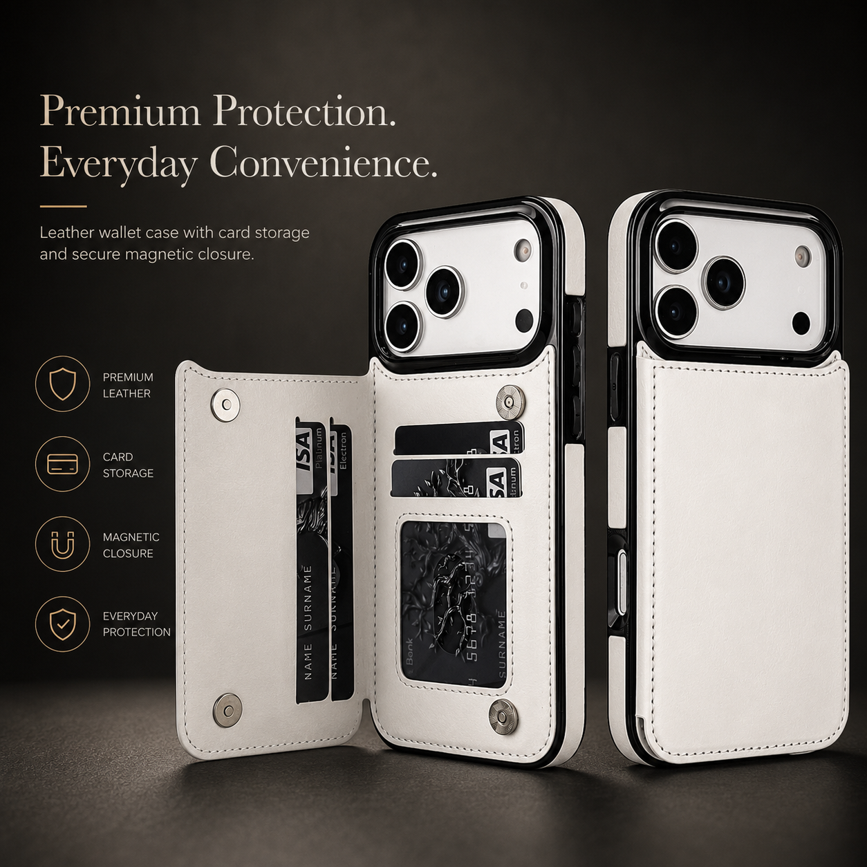 Premium iPhone Case Wallet Cover Card Holder Faux Leather Kickstand Double Magnetic Clasp Shockproof Full Coverage Slim Protective Design