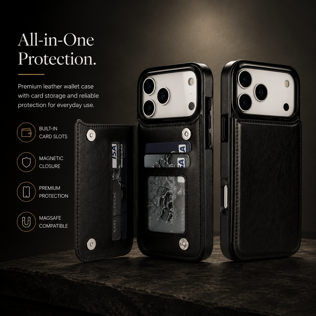 Premium iPhone Case Wallet Cover Card Holder Faux Leather Kickstand Double Magnetic Clasp Shockproof Full Coverage Slim Protective Design