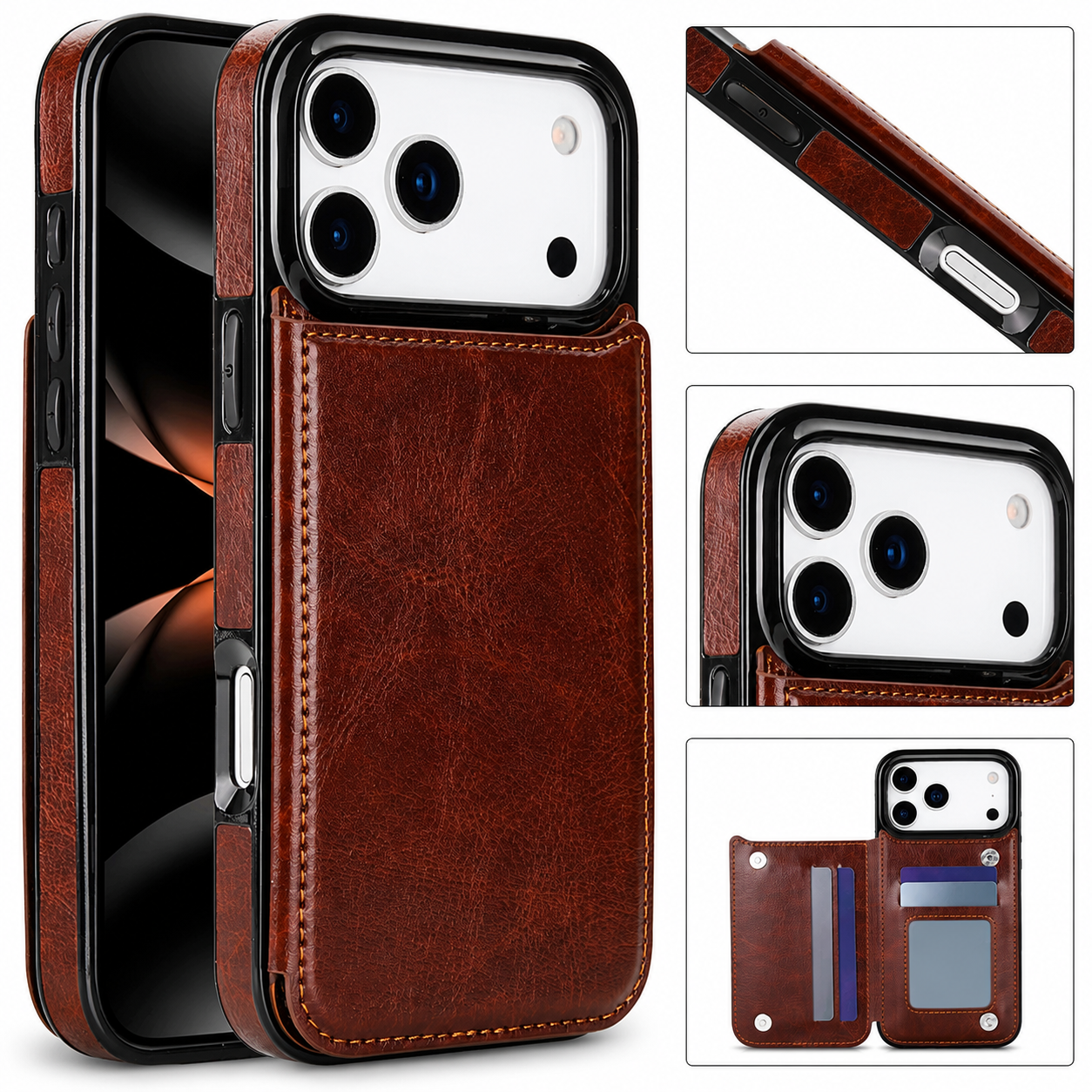 Premium iPhone Case Wallet Cover Card Holder Faux Leather Kickstand Double Magnetic Clasp Shockproof Full Coverage Slim Protective Design
