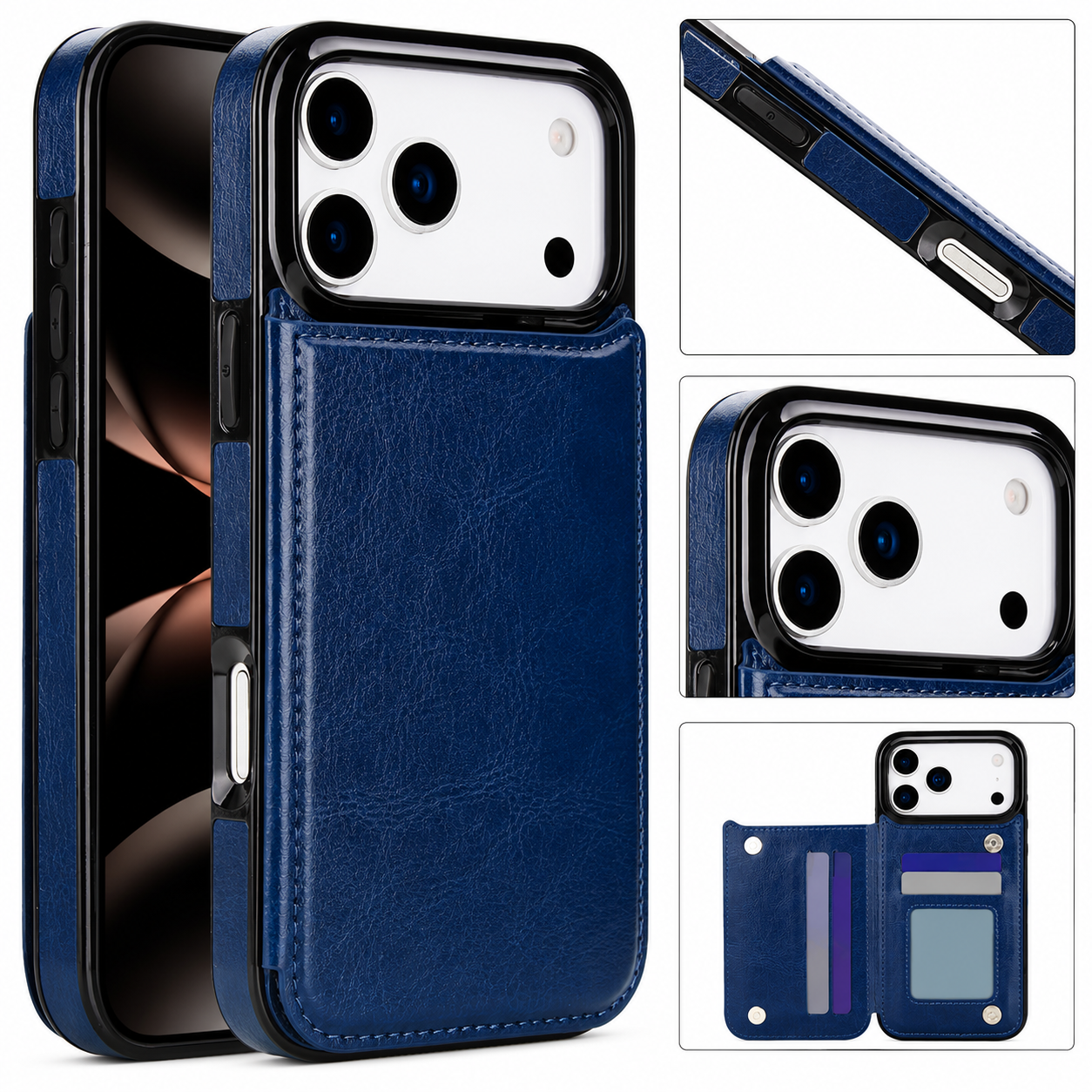 Premium iPhone Case Wallet Cover Card Holder Faux Leather Kickstand Double Magnetic Clasp Shockproof Full Coverage Slim Protective Design